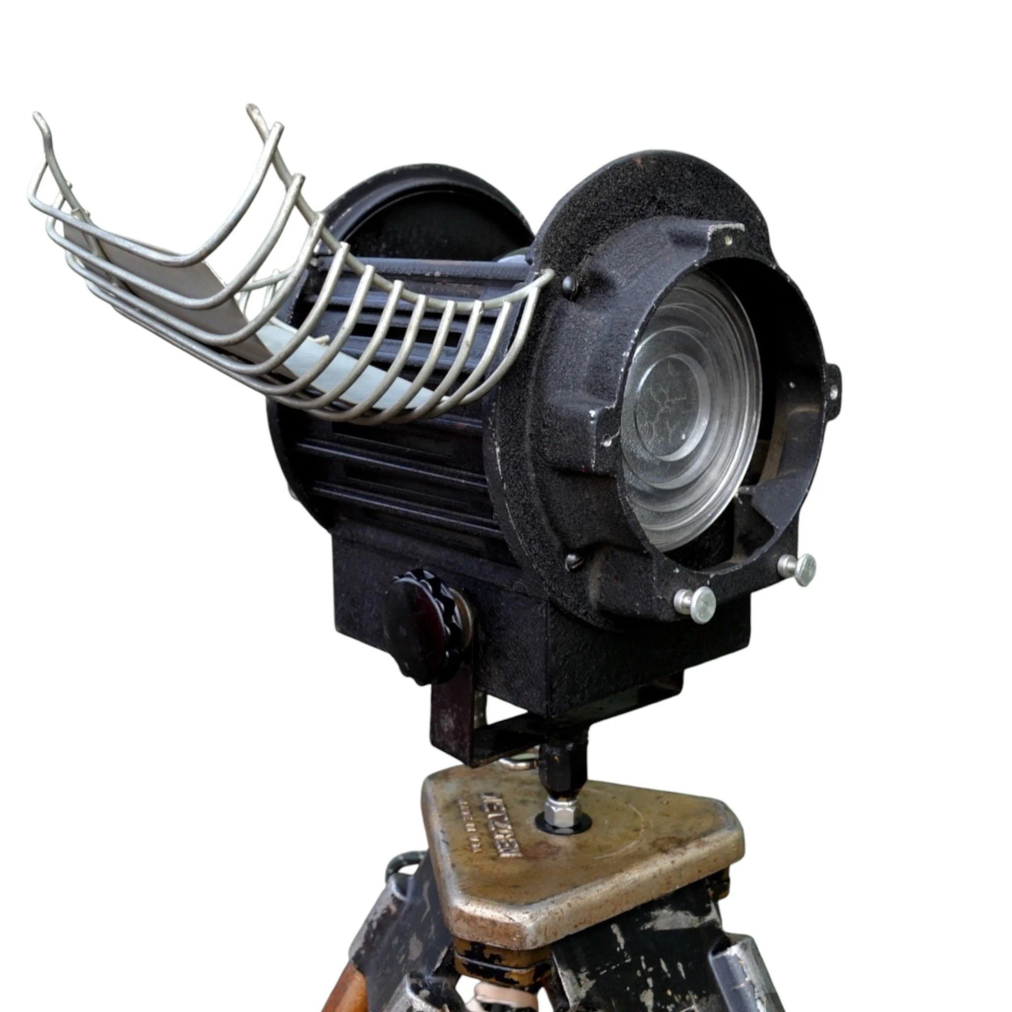 Vintage Bantam Super Spot spotlight pair with a vintage Dietzgen wooden tripod for an upcycled floor lamp