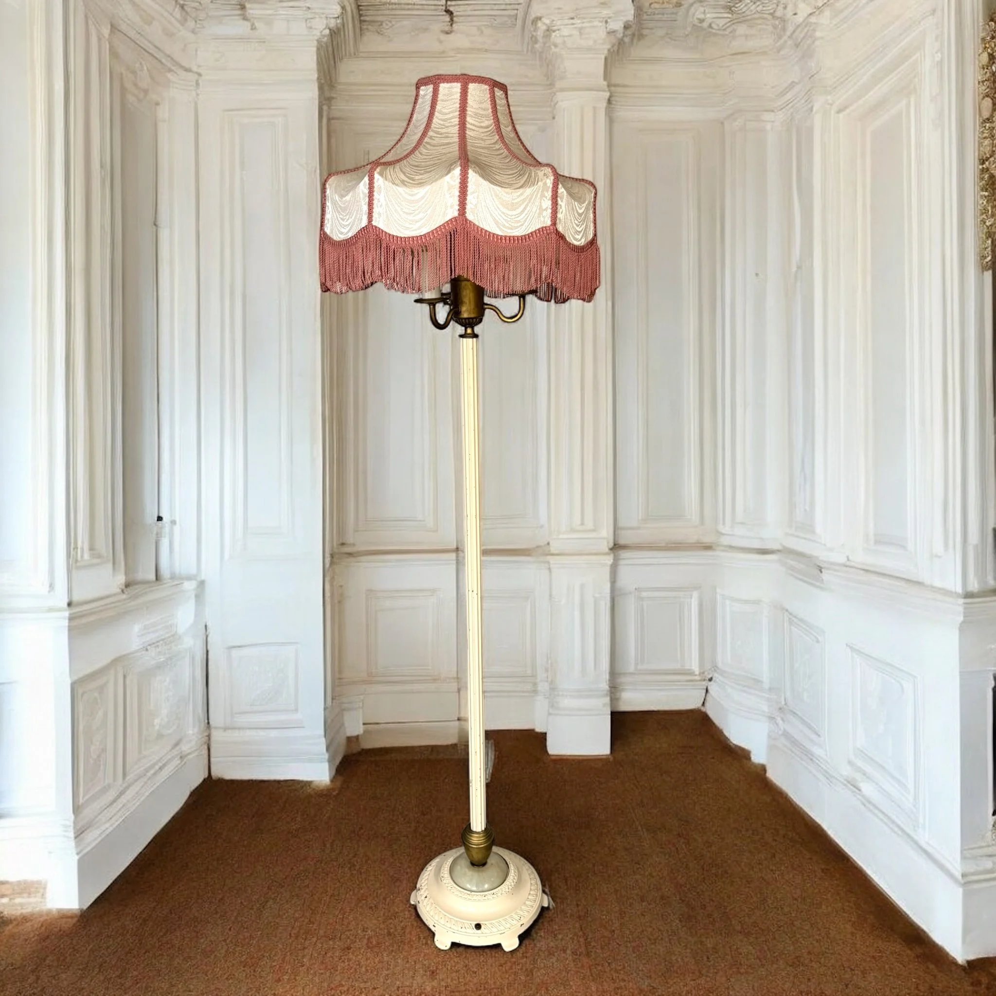 Vintage Victorian 3-arm candelabra floor lamp with ornate metal base and fringed fabric shade, 5 light standing lamp.