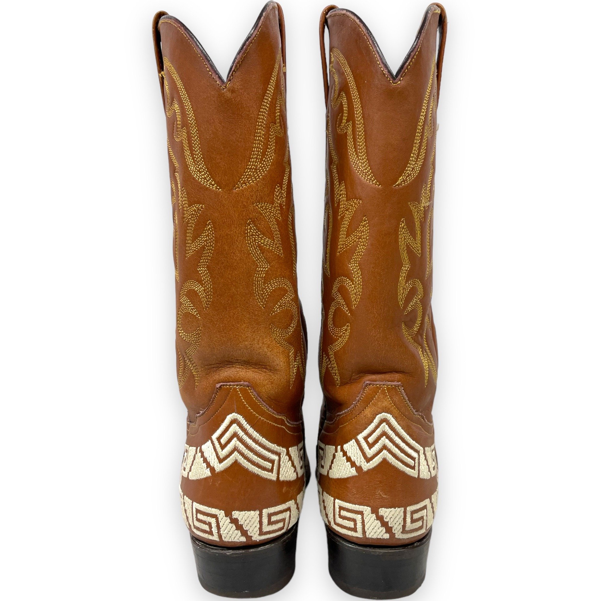 Vintage mens Rudel leather cowboy boots, made in Mexico - brown leather boots with detailed horse embroidery and geometric design on the sides, classic western style, collectible mens footwear.