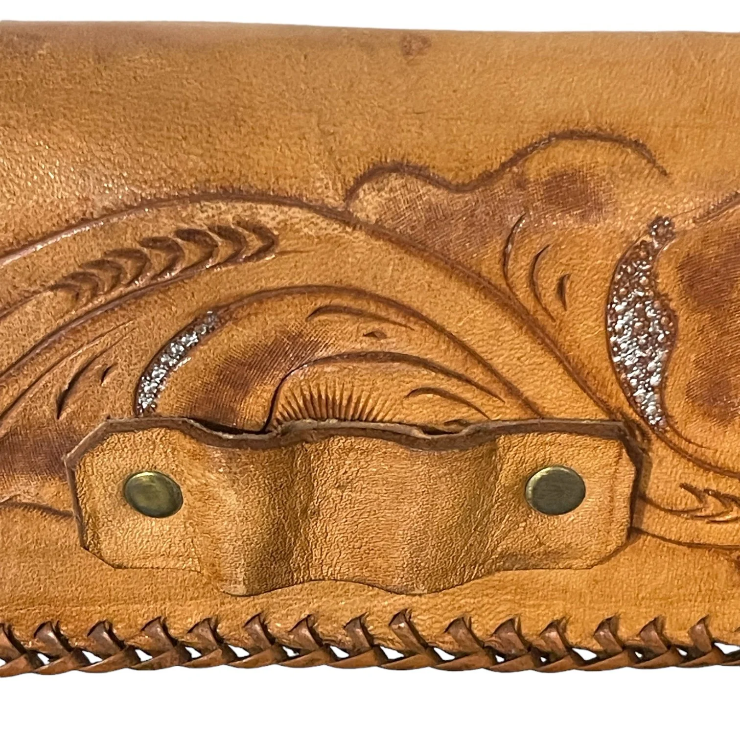 Vintage genuine leather hand tooled two piece rifle case lined in red fleece. Embossed flowers, deer on gun case.