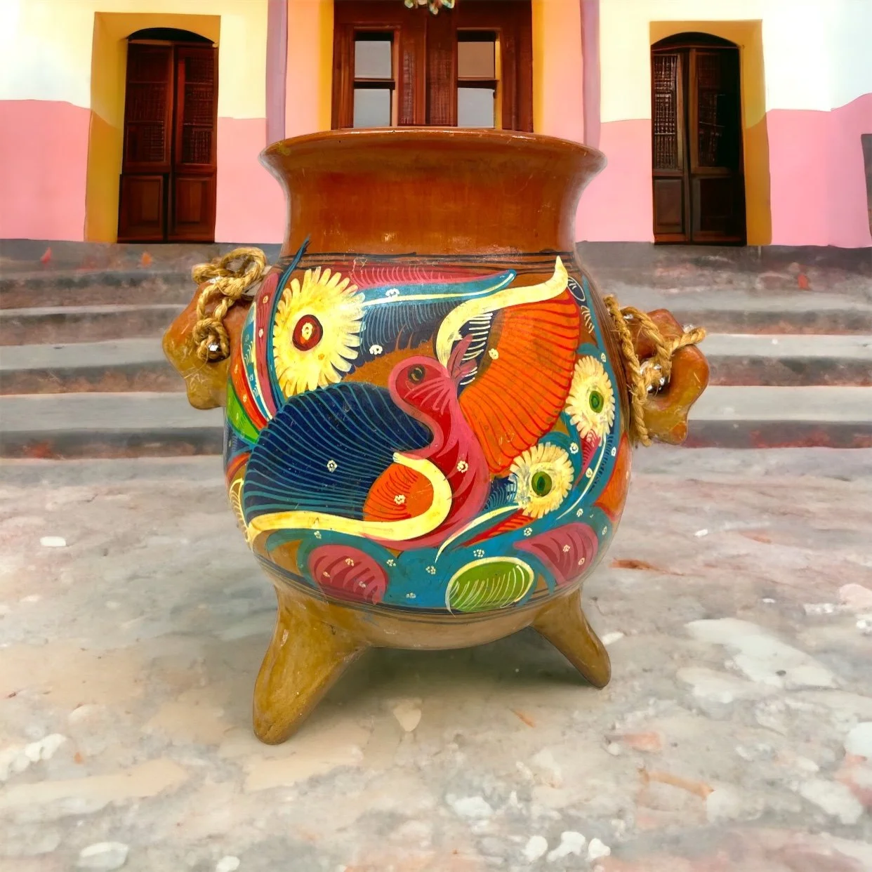 Vintage Mexican terracotta hanging pot hand painted with colorful birds and flowers. Folk art pottery from Acapulco.