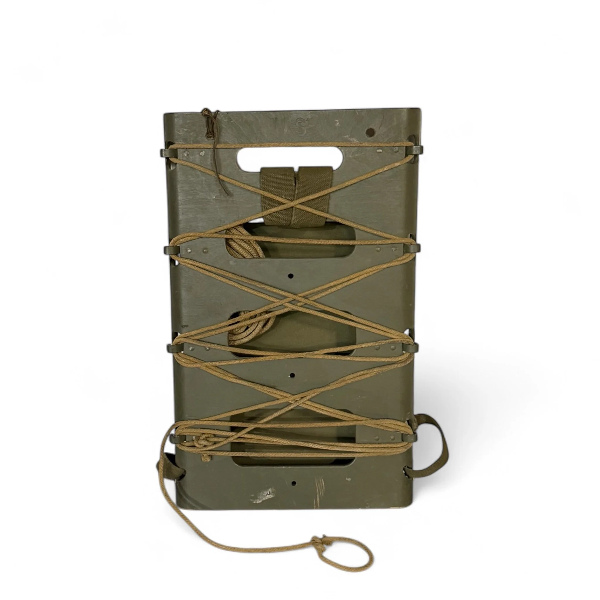 Vintage 1940s US Military packboard with rope accents by American Seating Company - rustic wall decor for hunting lodge cabin, or man cave interiors.