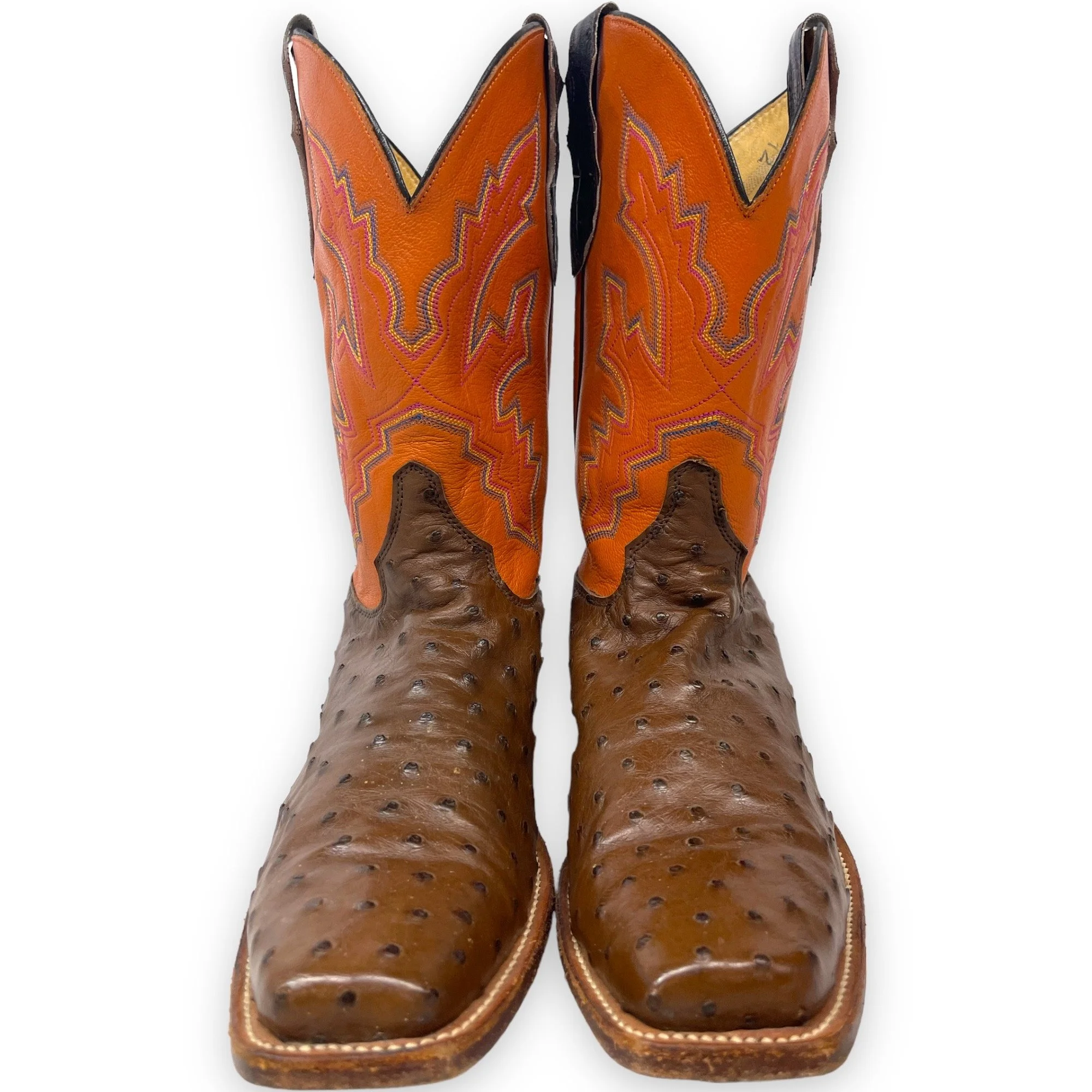 Vintage men's leather cowboy boots, Justin, Style: Comb Last 8962, US men's 11 1/2, made in USA, full quill ostrich, square toe, brown and orange