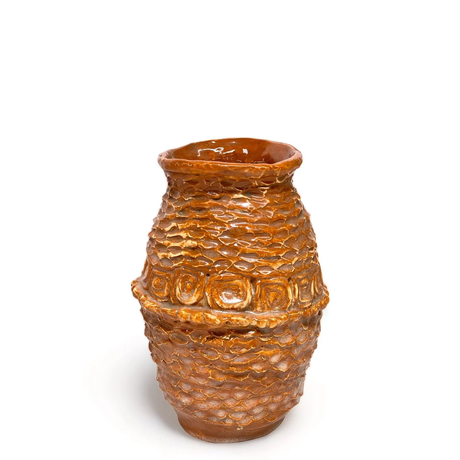 Vintage glazed studio pottery vase, geometric southwestern design, earth tone color, 1970s signed and dated by artist, unique design