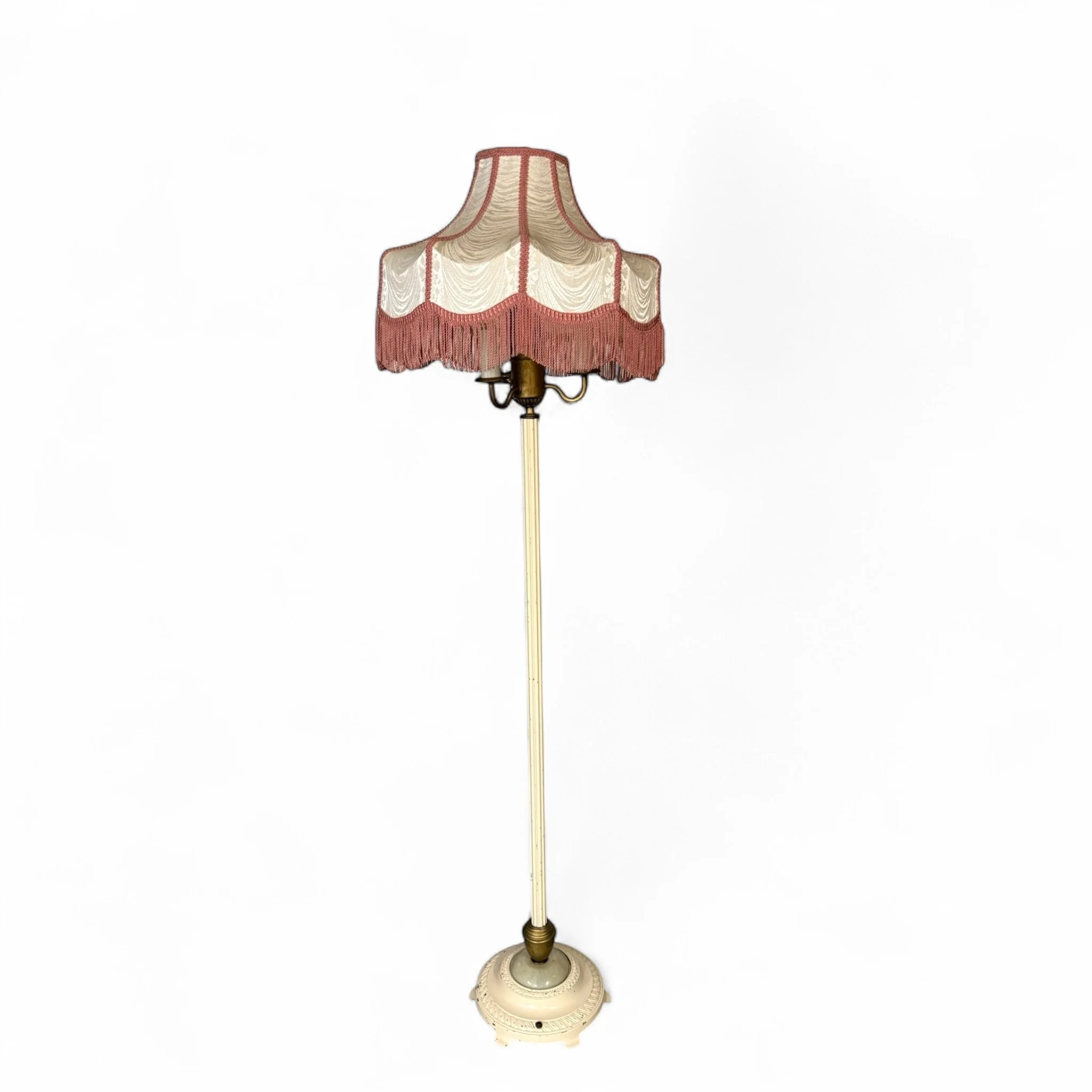 Vintage Victorian 3-arm candelabra floor lamp with ornate metal base and fringed fabric shade, 5 light standing lamp.