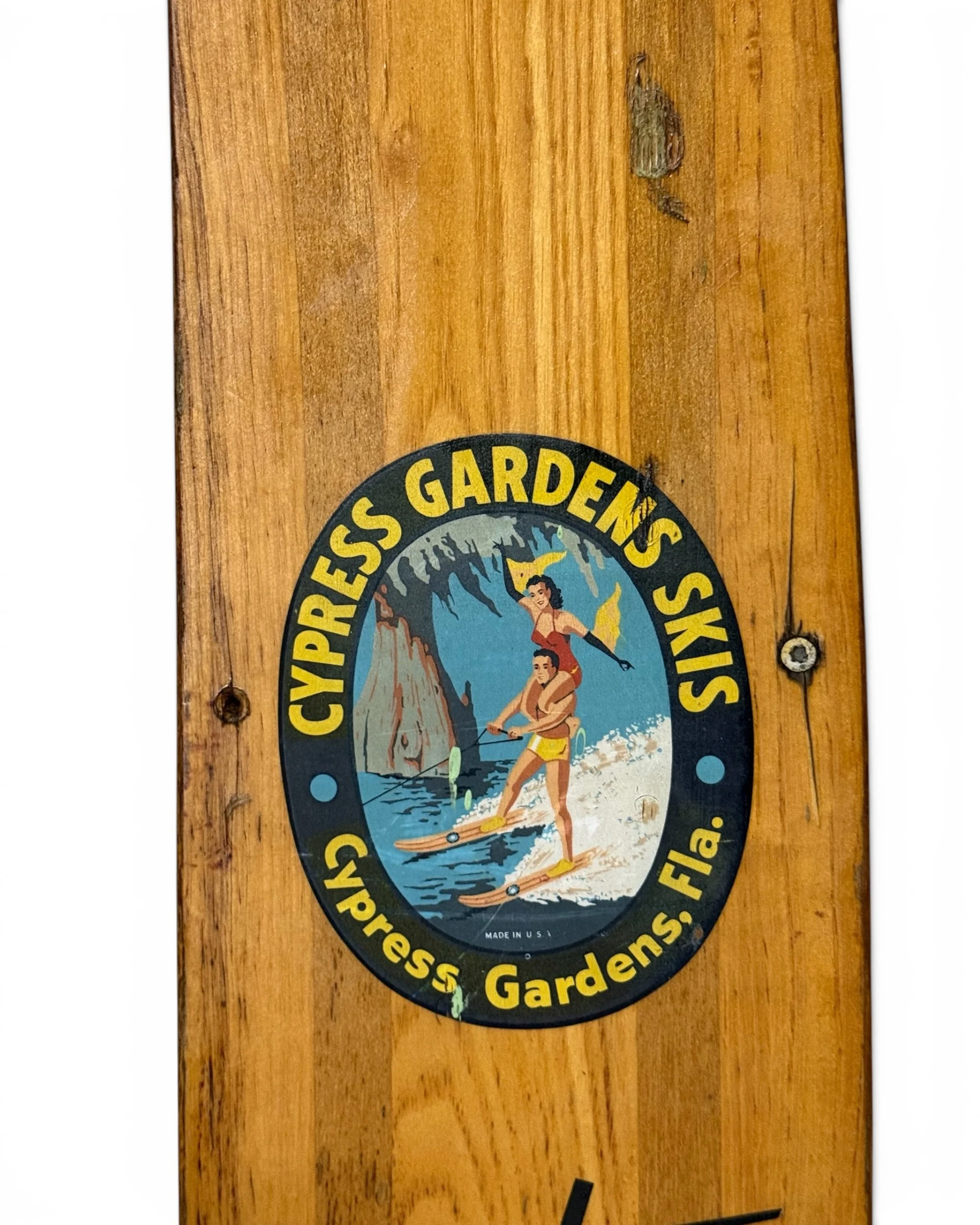 Original Cypress Gardens Skis logo vintage wooden water skis.