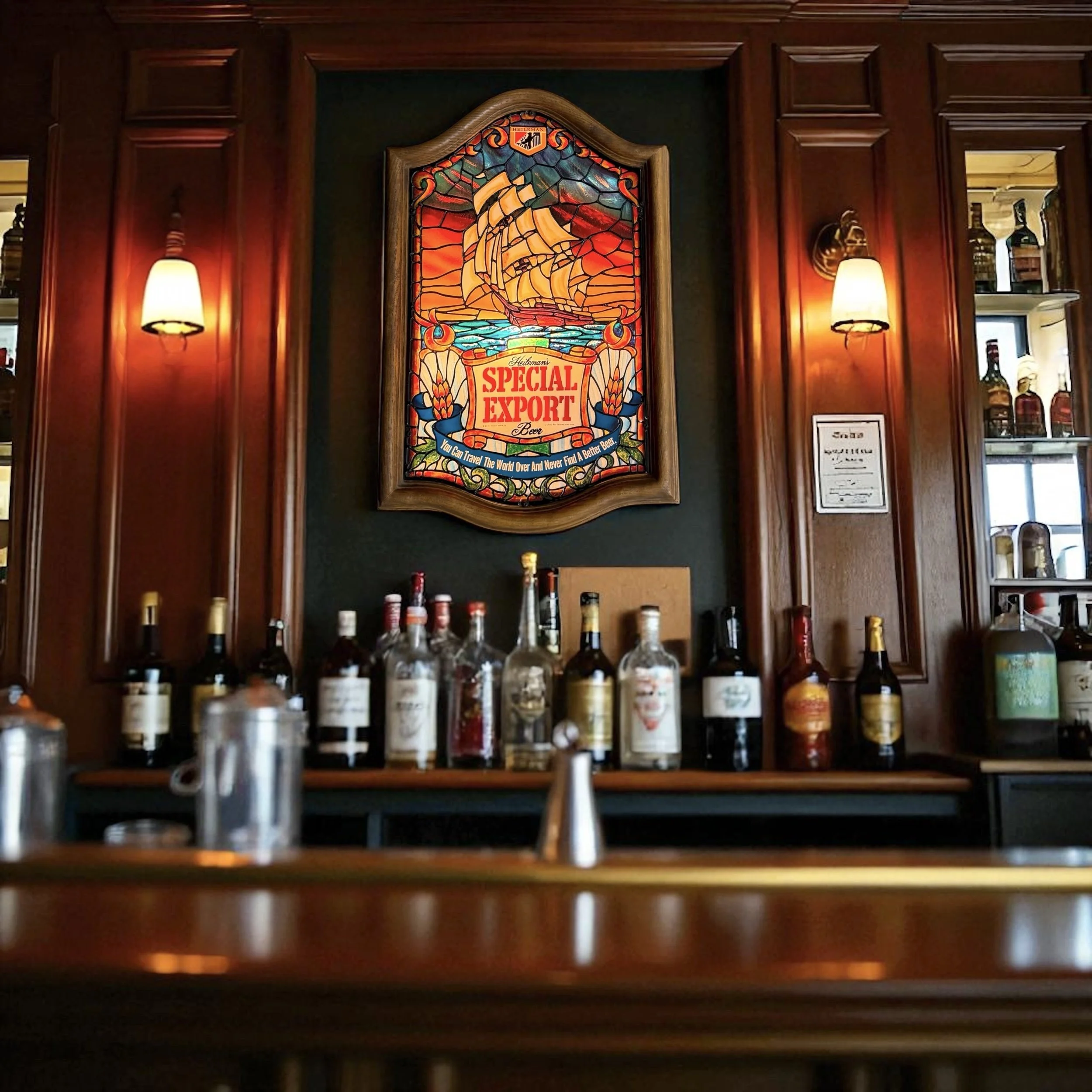 intage breweriana collectible beer sign light mounted on a wall in a cozy tavern pub