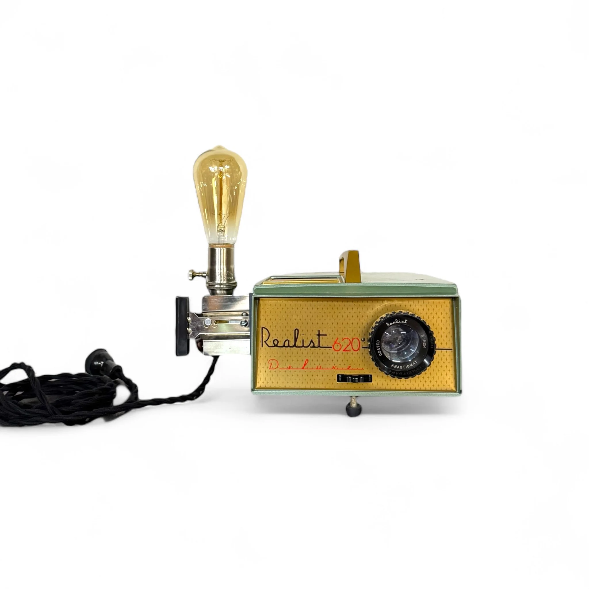 Upcycled vintage new old stock Realist slide projector desk lamp with a space age retro mid century modern design. Dual lighting features, and beautiful gold and pearlized sage green color combo.