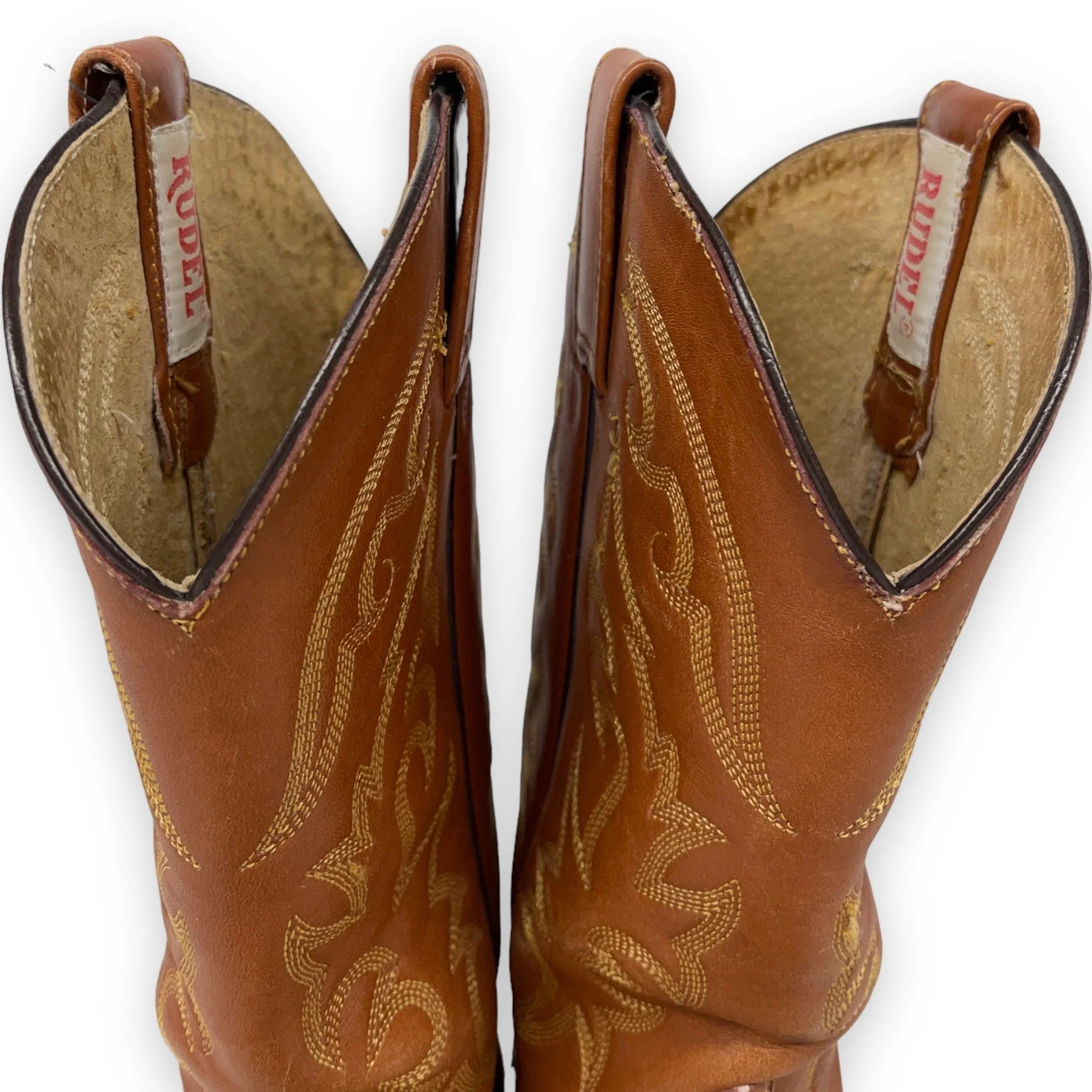 Vintage mens Rudel leather cowboy boots, made in Mexico - brown leather boots with detailed horse embroidery and geometric design on the sides, classic western style, collectible mens footwear.