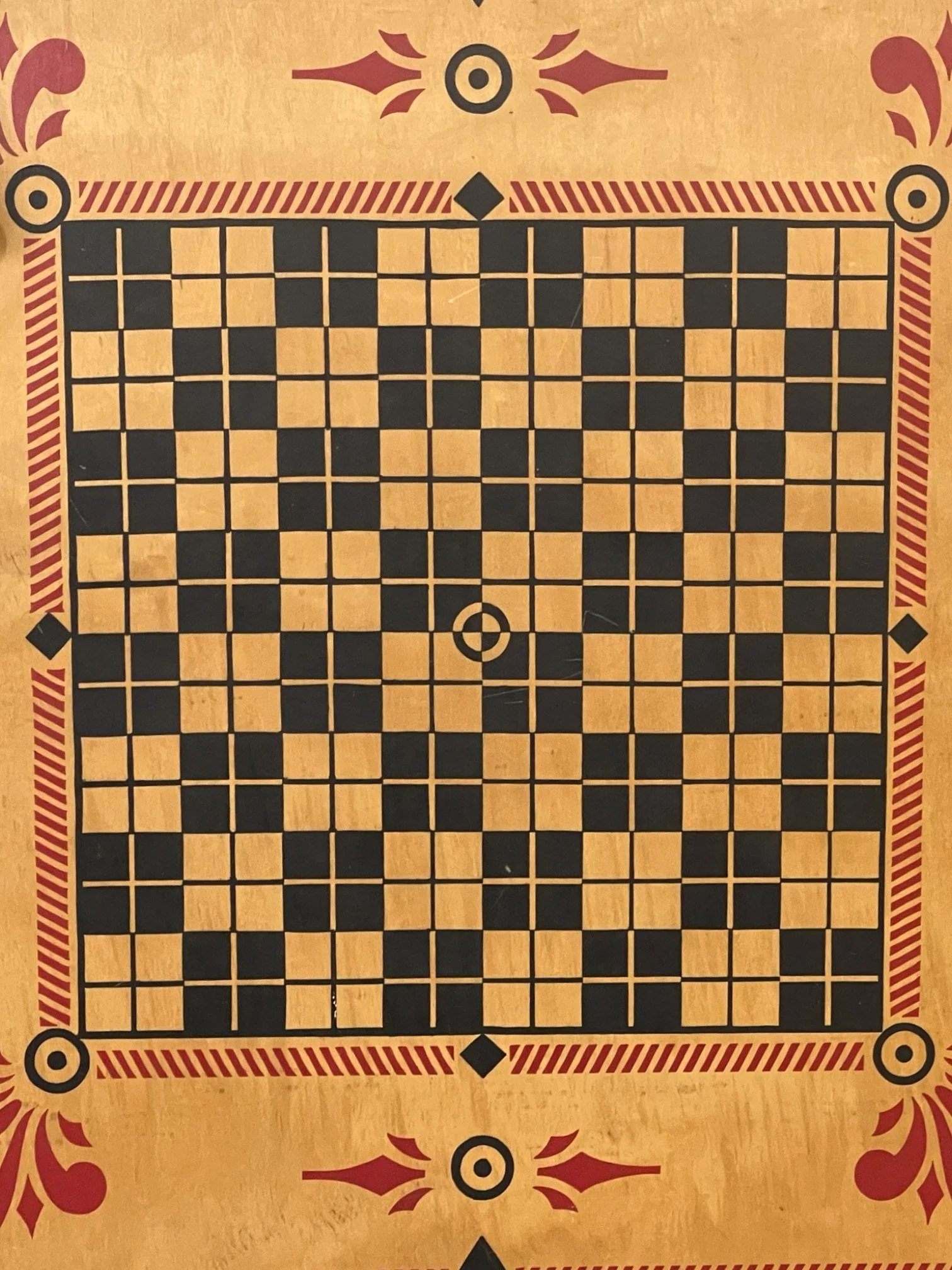 Vintage Carrom game board, Style E No. 1, circa 1930s, with original hang tag and bag with game pieces.