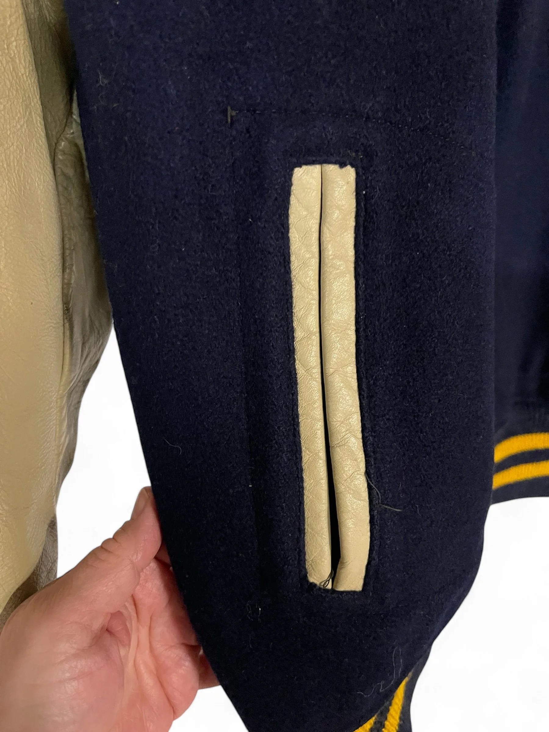 Vintage basketball letterman jacket, personalized, 1970s, blue yellow, leather and wool, East Haven, league champs, Bicentennial.