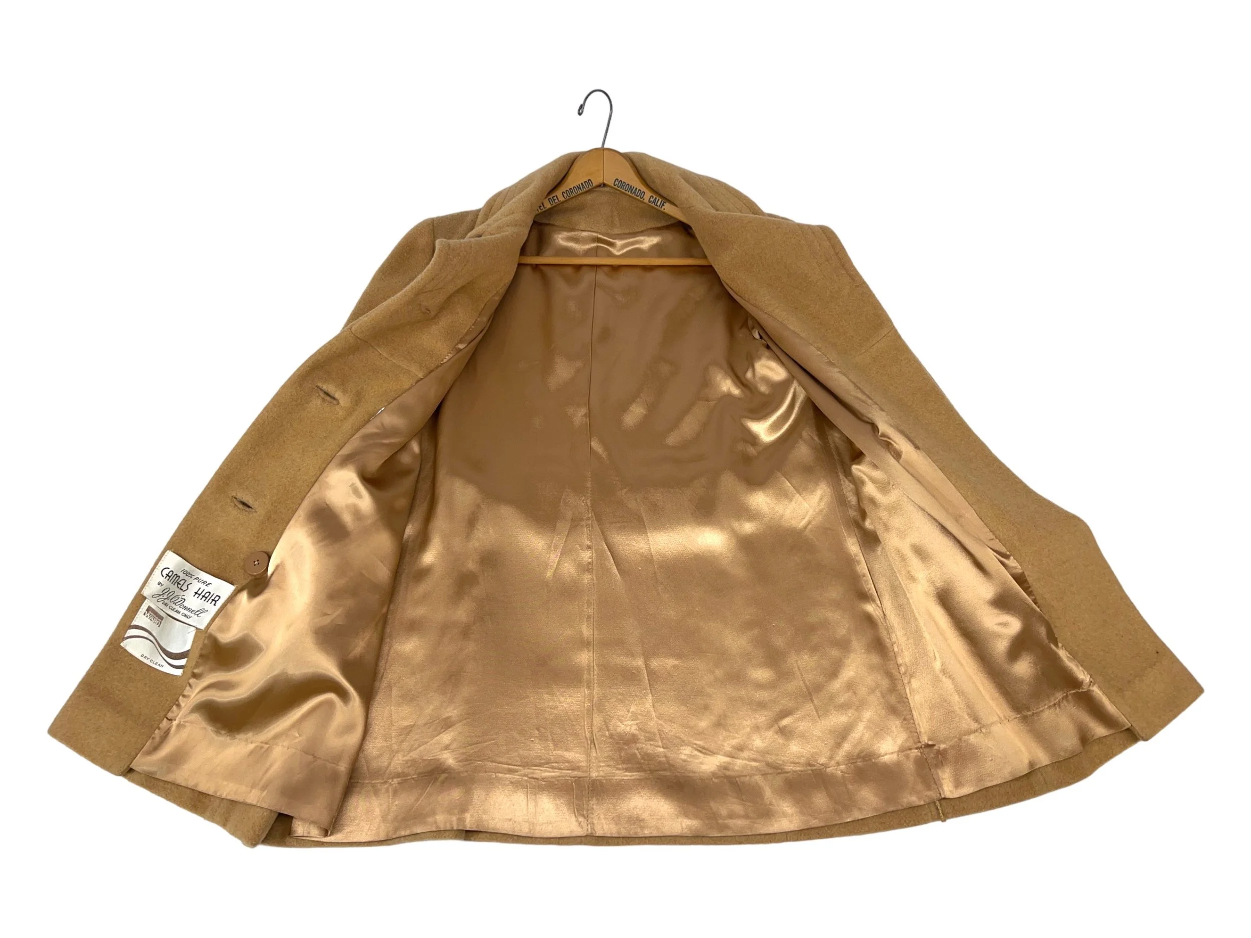 Vintage womens fully lined double breasted button front camel hair coat by JJ ODonnell for Montgomery Ward.