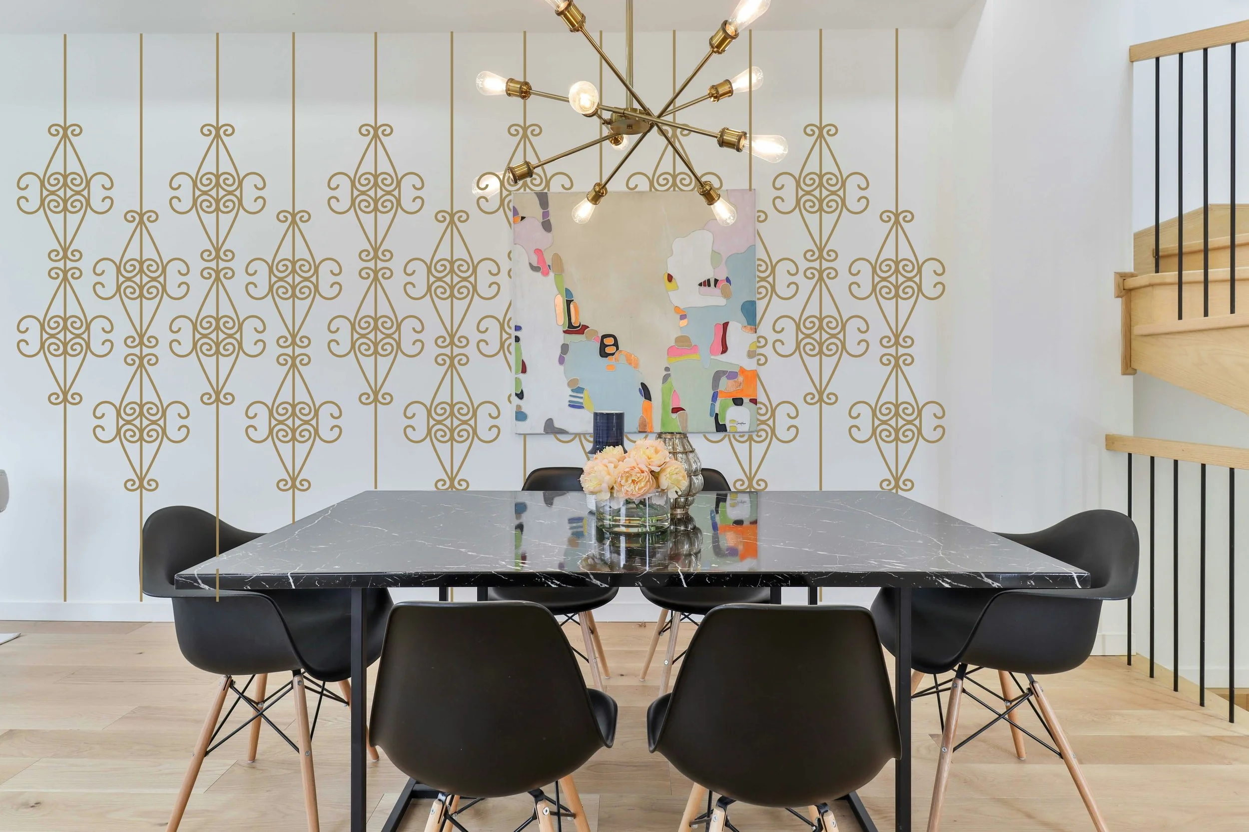 Renter friendly vinyl wall sticker with scroll pattern.