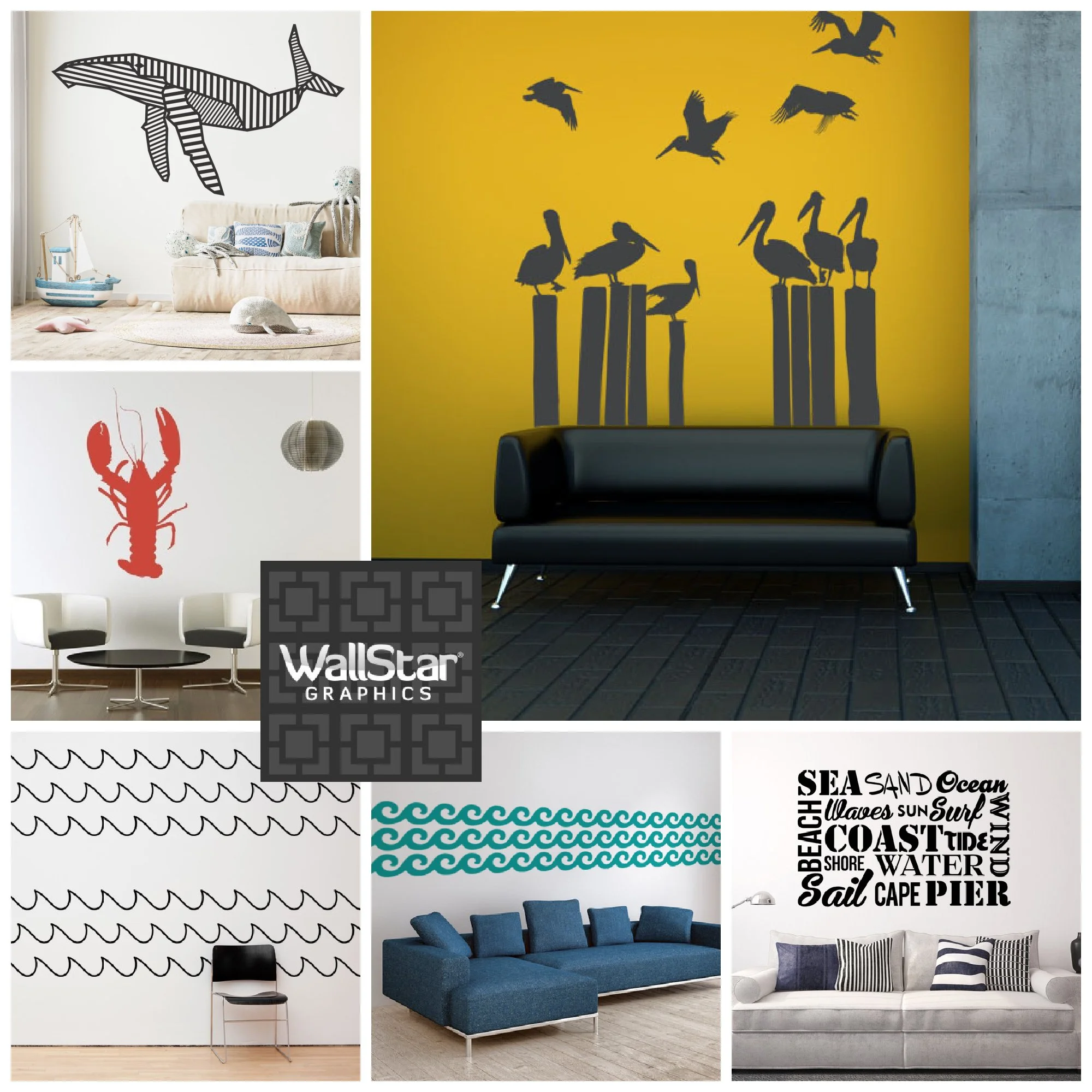 A collage of beach and ocean inspired wall decals by Wall Star Graphics, including whale, lobster, pelicans, and ocean waves.