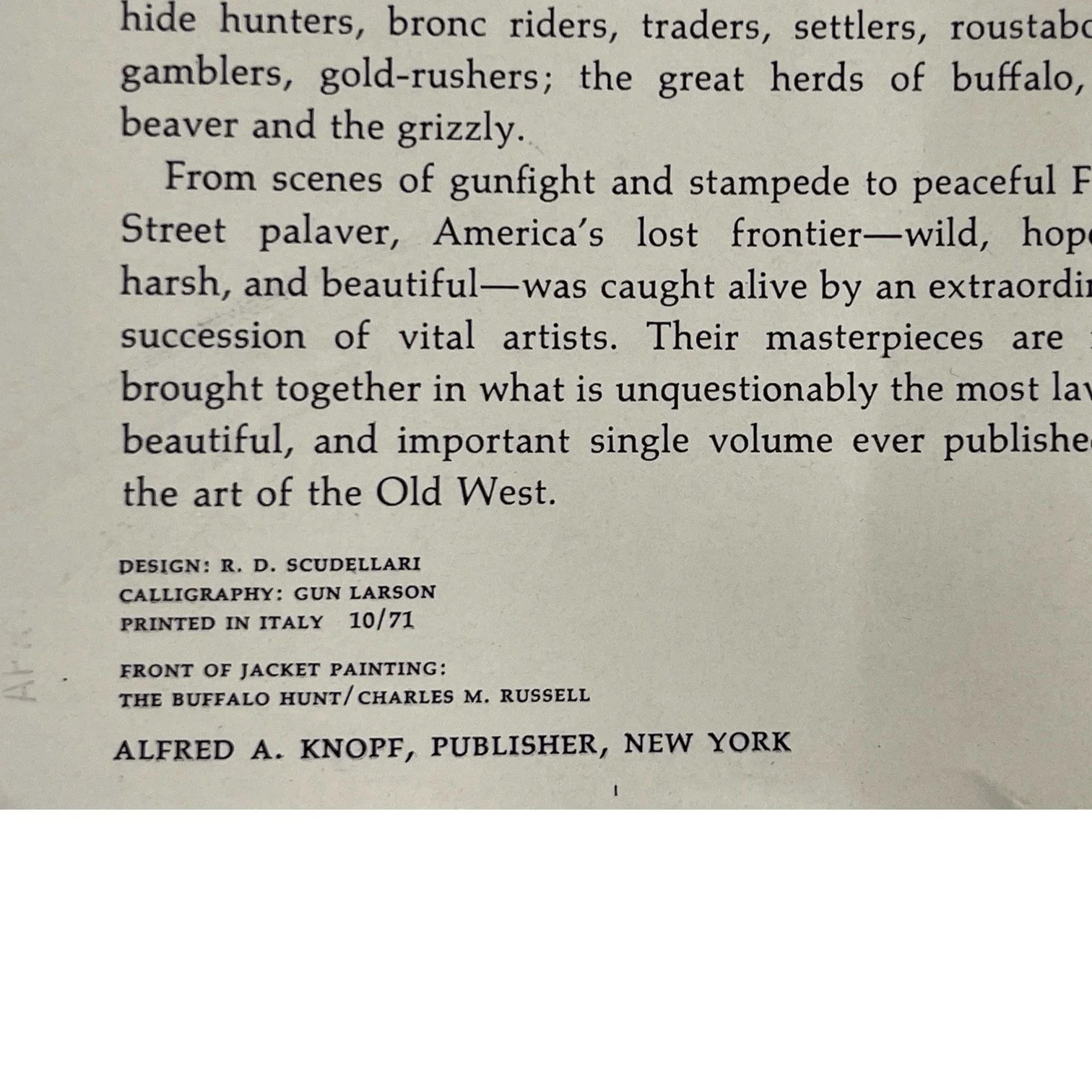 Book Design,calligraphy, print place and date, front cover details of  The Art of the Old West 1971 hardcover book with removable cover, by Alfred A. Knopf NY.