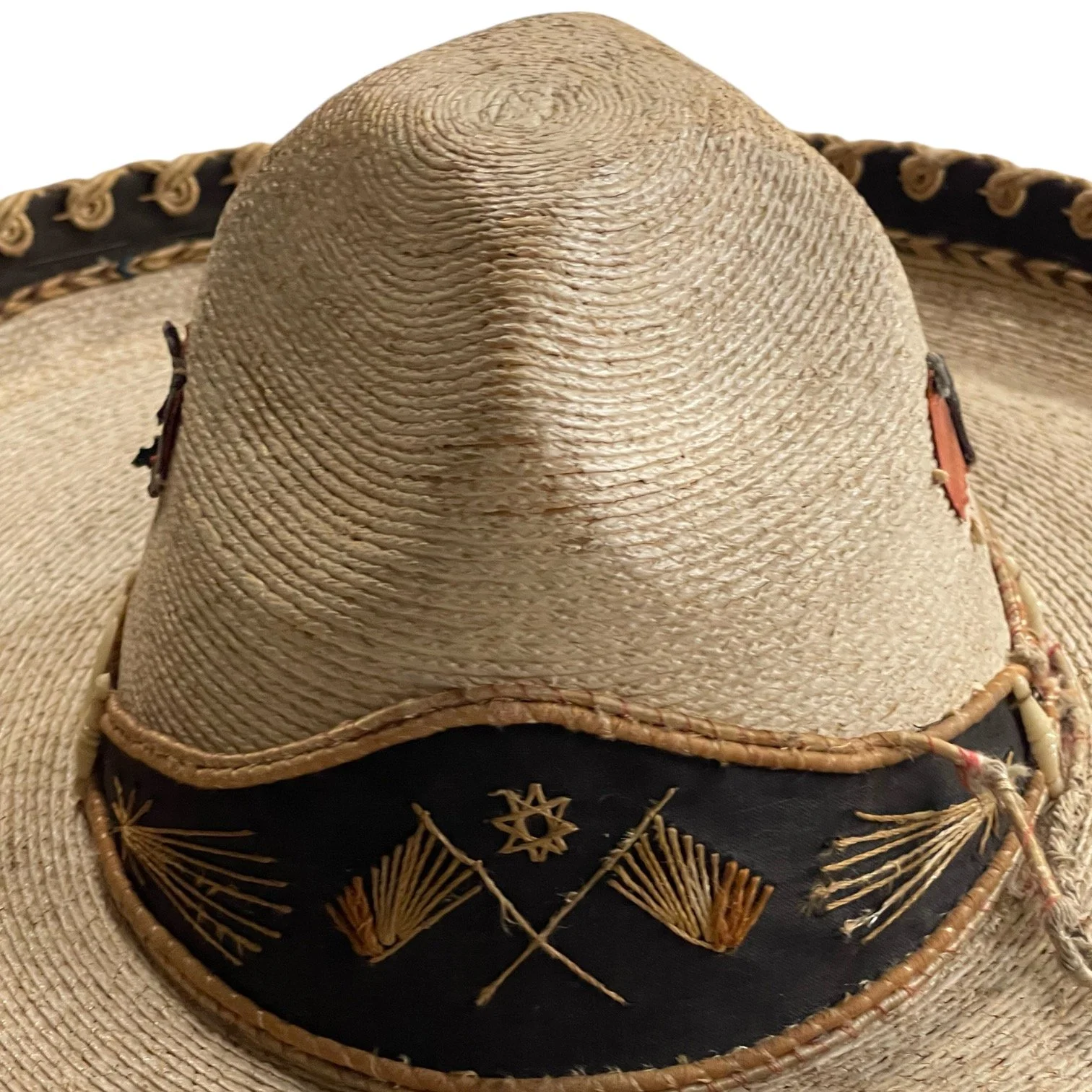 Vintage Sombrero Hat with Stitched Embroidery, Authentic Mexican High Crowned, neutral colors.