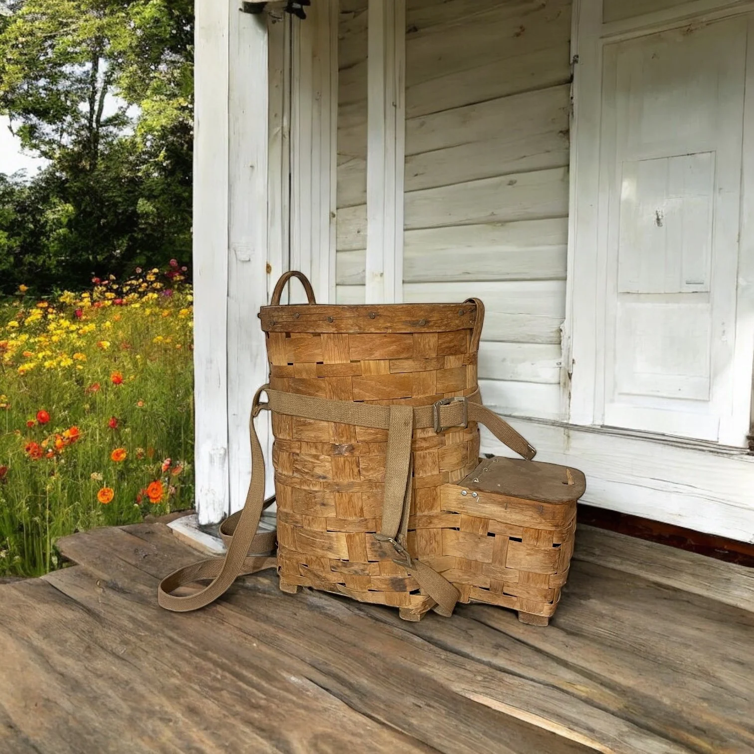 A large vintage Adirondack pack basket with 2nd compartment on the front porch of an old white house with wildflowers in the background.