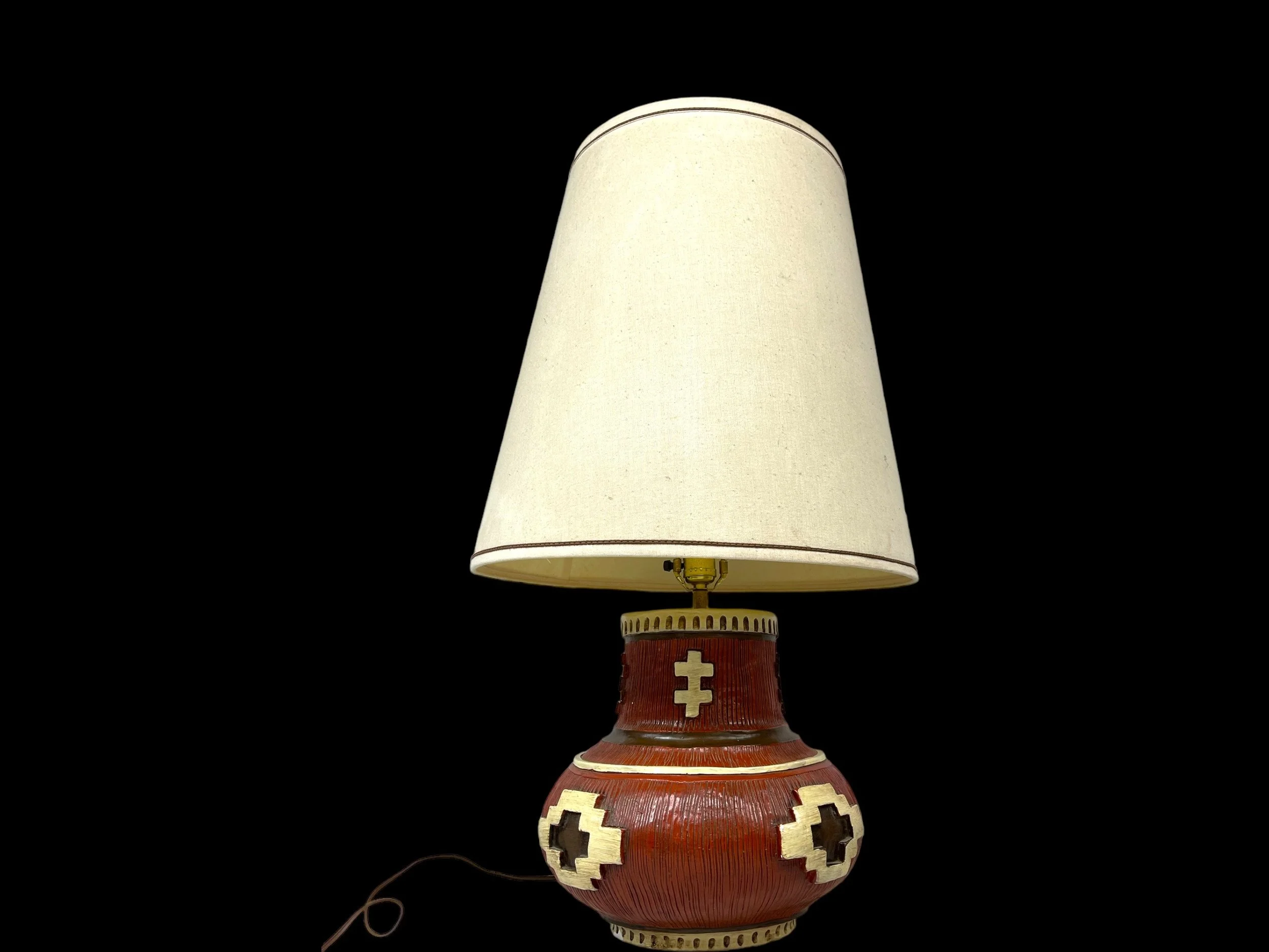 Vintage 31 inch tall ceramic table lamp with shade by American Lamp Co., featuring a southwestern geometric pattern in earth tone colors.