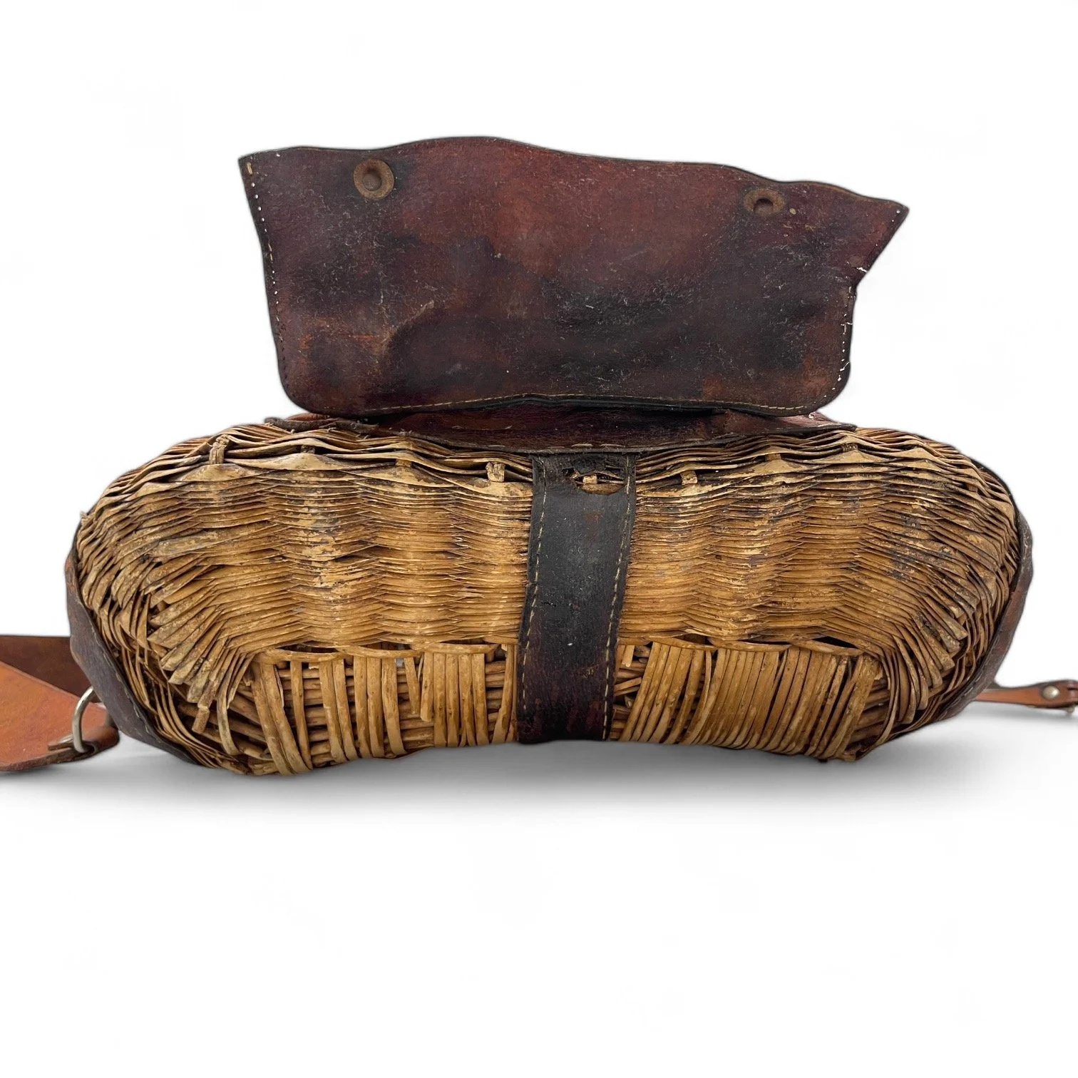 Vintage large fishing creel with leather strap with hand tooled butterflies, leaves, and flowers.