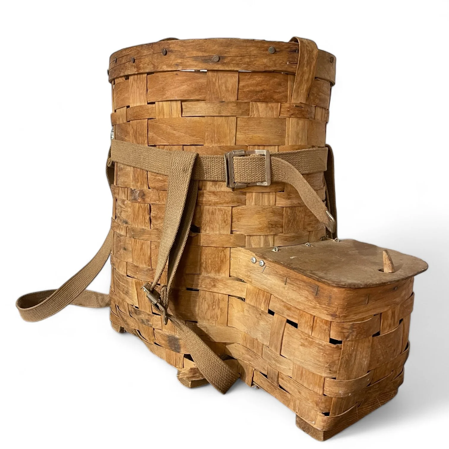 A large vintage Adirondack Pack Basket - 2 Compartments, 1 with lid, canvas adjustable shoulder straps.
