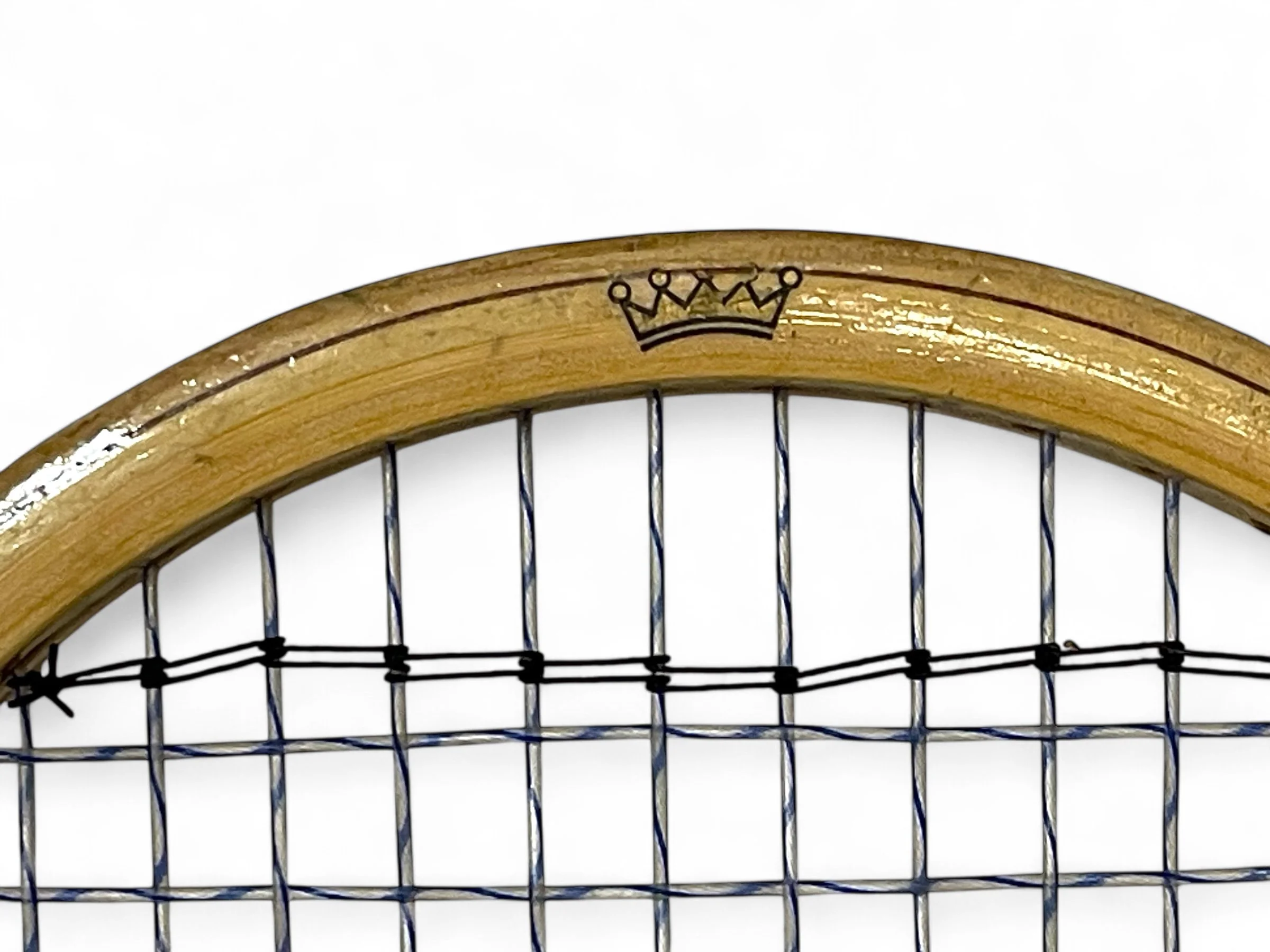 Pair of vintage wooden tennis rackets with wood presses, featuring the Wilson Super Stroke and the MacGregor Blue Supreme Lloyd Budge. Circa 1950s or 60s, perfect for game room decor.