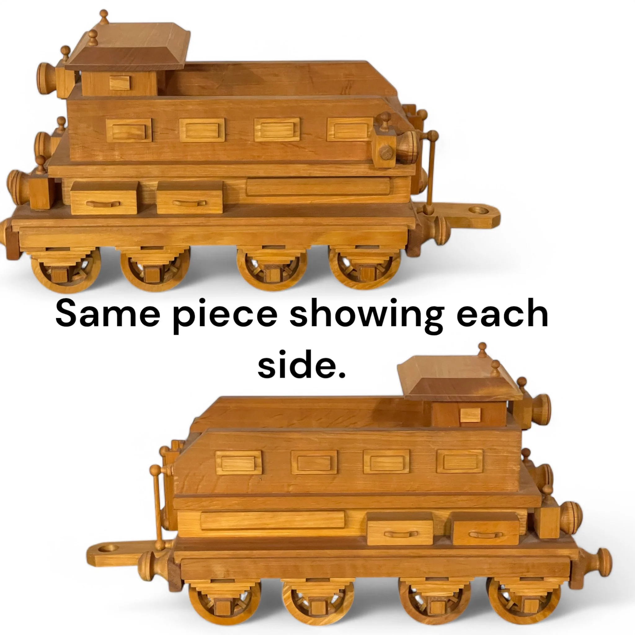 Vintage handcrafted solid wood locomotive train and tender car with moveable parts, includes wooden railroad tracks, measuring 40 inches long x 12 1/4 inches tall - classic collectible railway set.