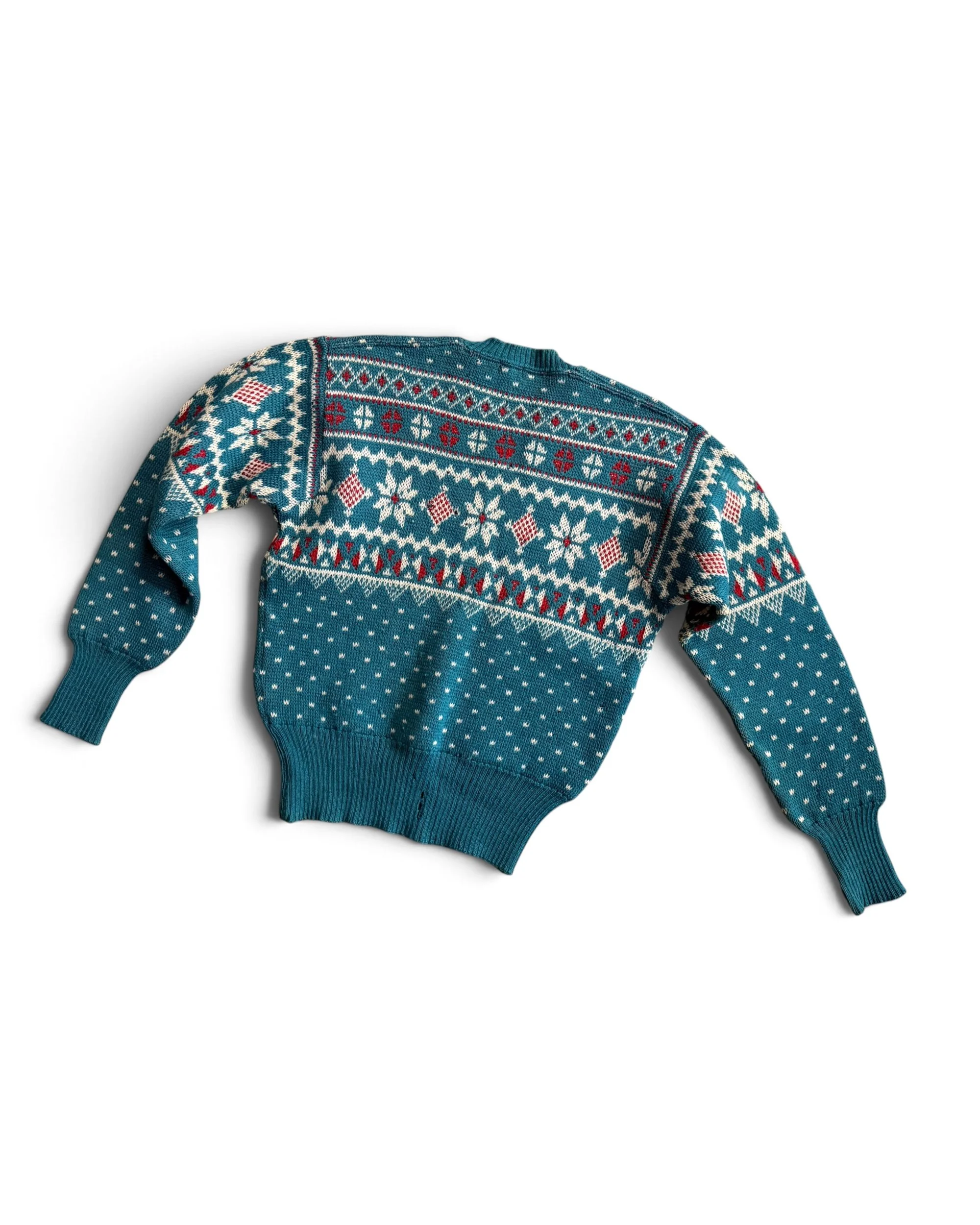 back view of a vintage wool fair isle sweater