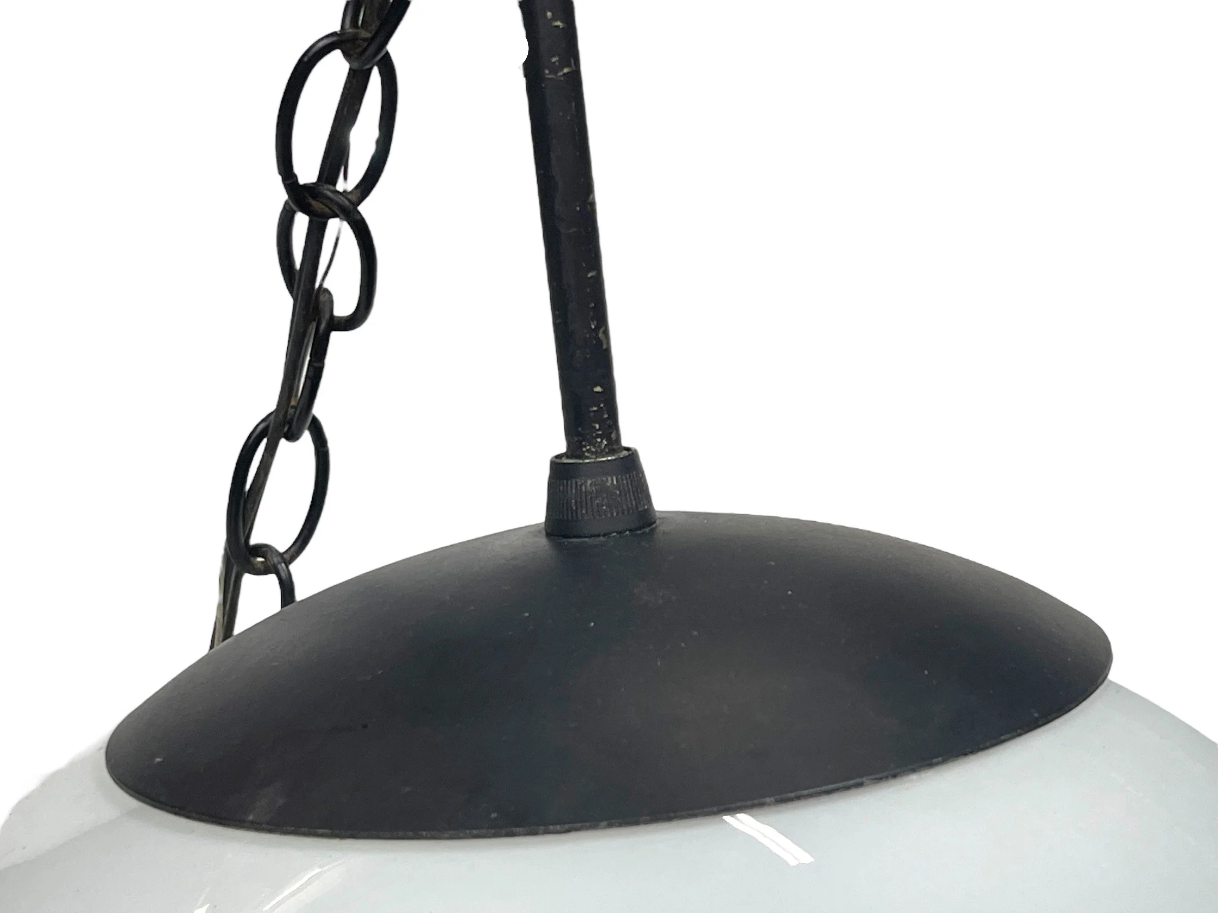 Pair of large 1960s white glass orb pendant swag hanging lights with black chain and finial, mid century modern design, perfect for vintage home decor or retro interior lighting.