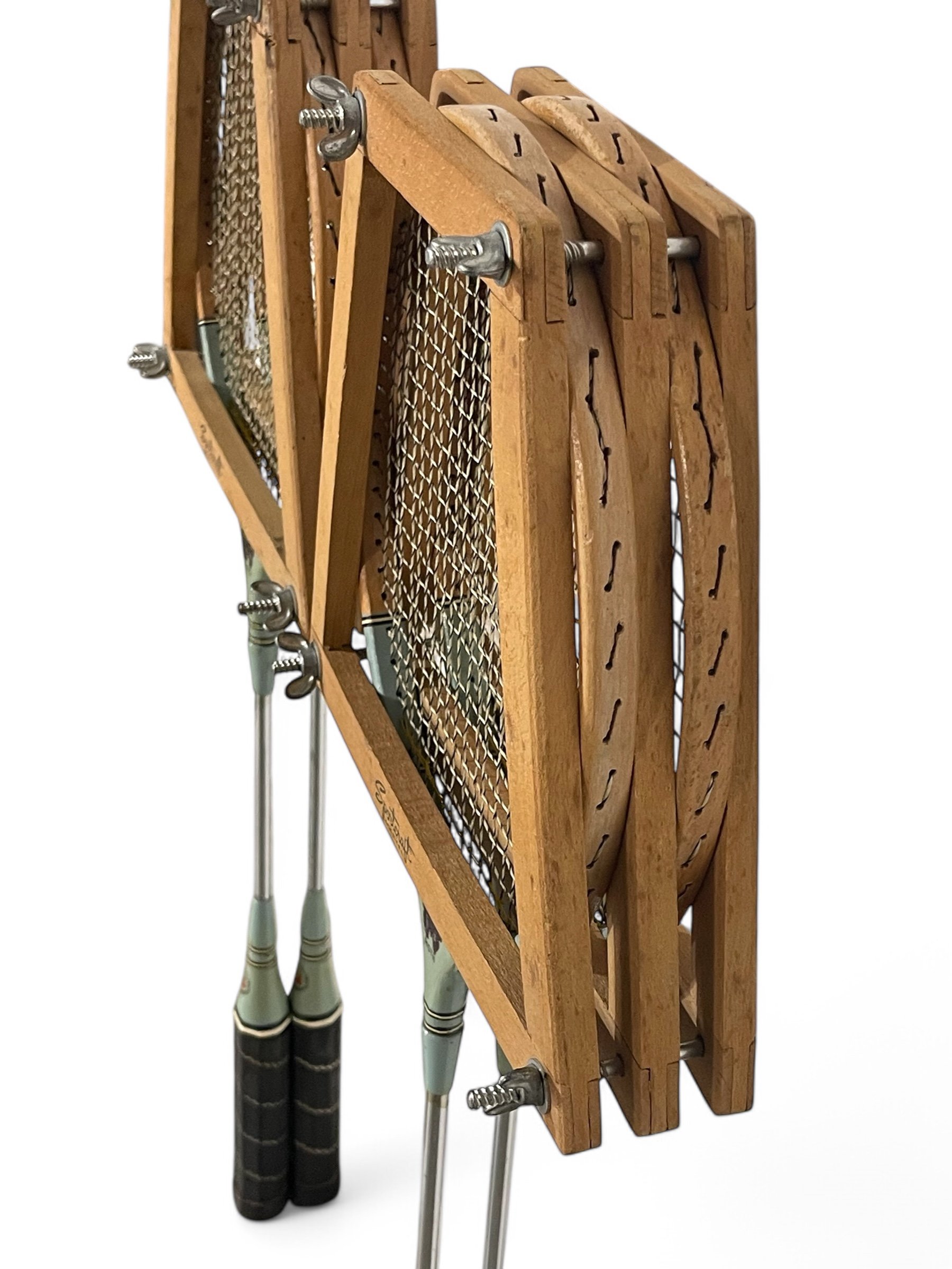 Set of 4 wooden badminton rackets with wood press, by Sportcraft, Moth competition model. Perfect decor for game room.