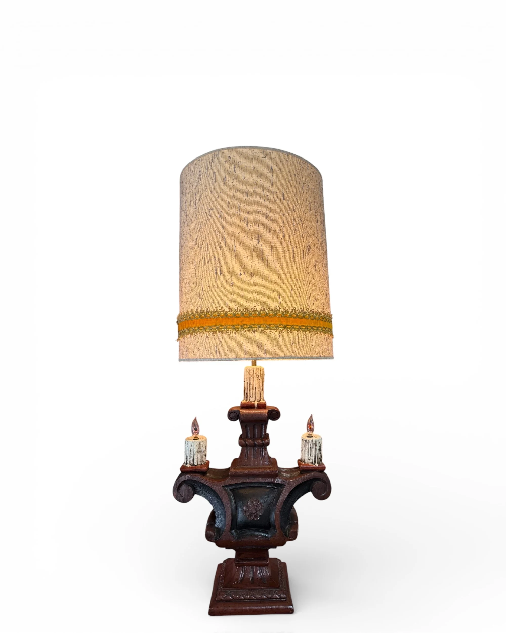 large 1970s vintage gothic revival lamp with faux drip candles and pair with vintage original drum mid century modern shade