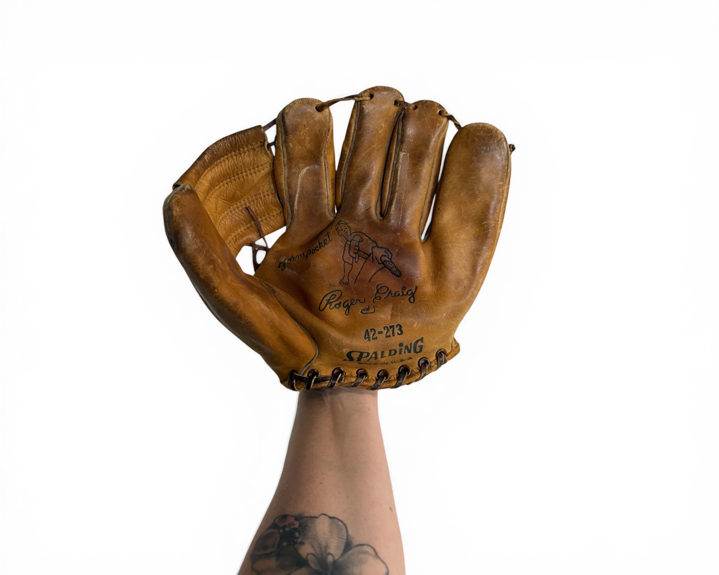 vintage Spalding leather baseball glove, Roger Craig model for sports bar decor
