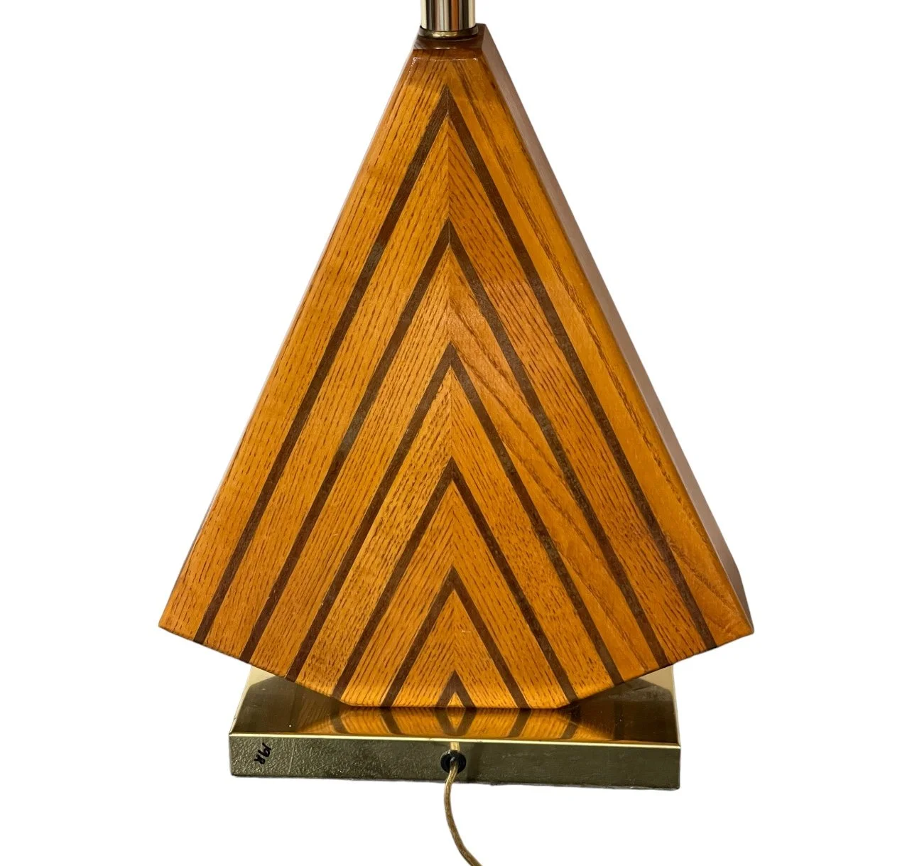 Vintage geometric table lamp made of solid wood with gold brass plated rectangular base paired with a vintage lamp shade. Ideal for minimalist or mid century decor.