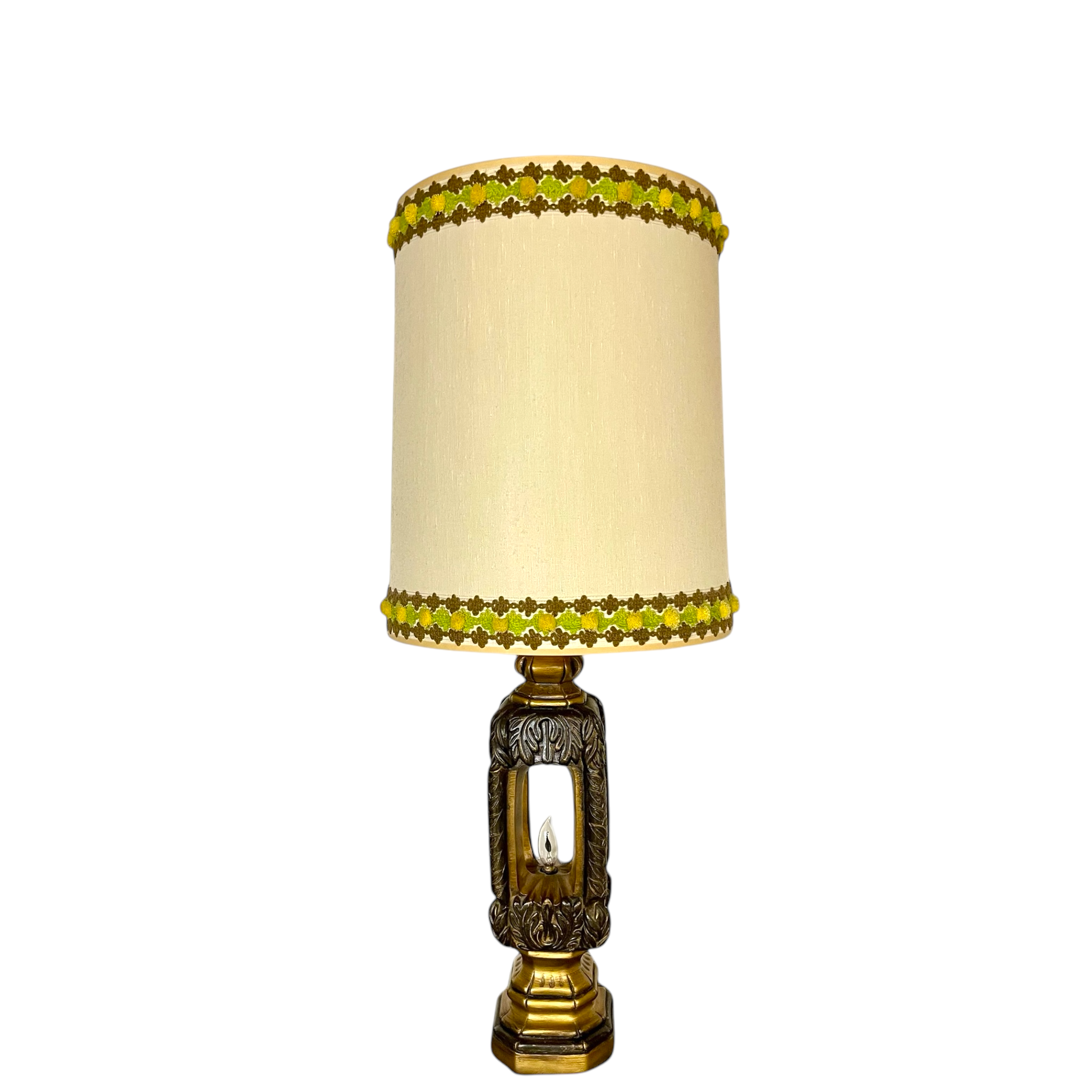 Vintage large, ornate brown and gold ceramic table lamp with dual light option for the perfect ambiance in a mid century or Spanish Revival space and a vintage drum shade.
