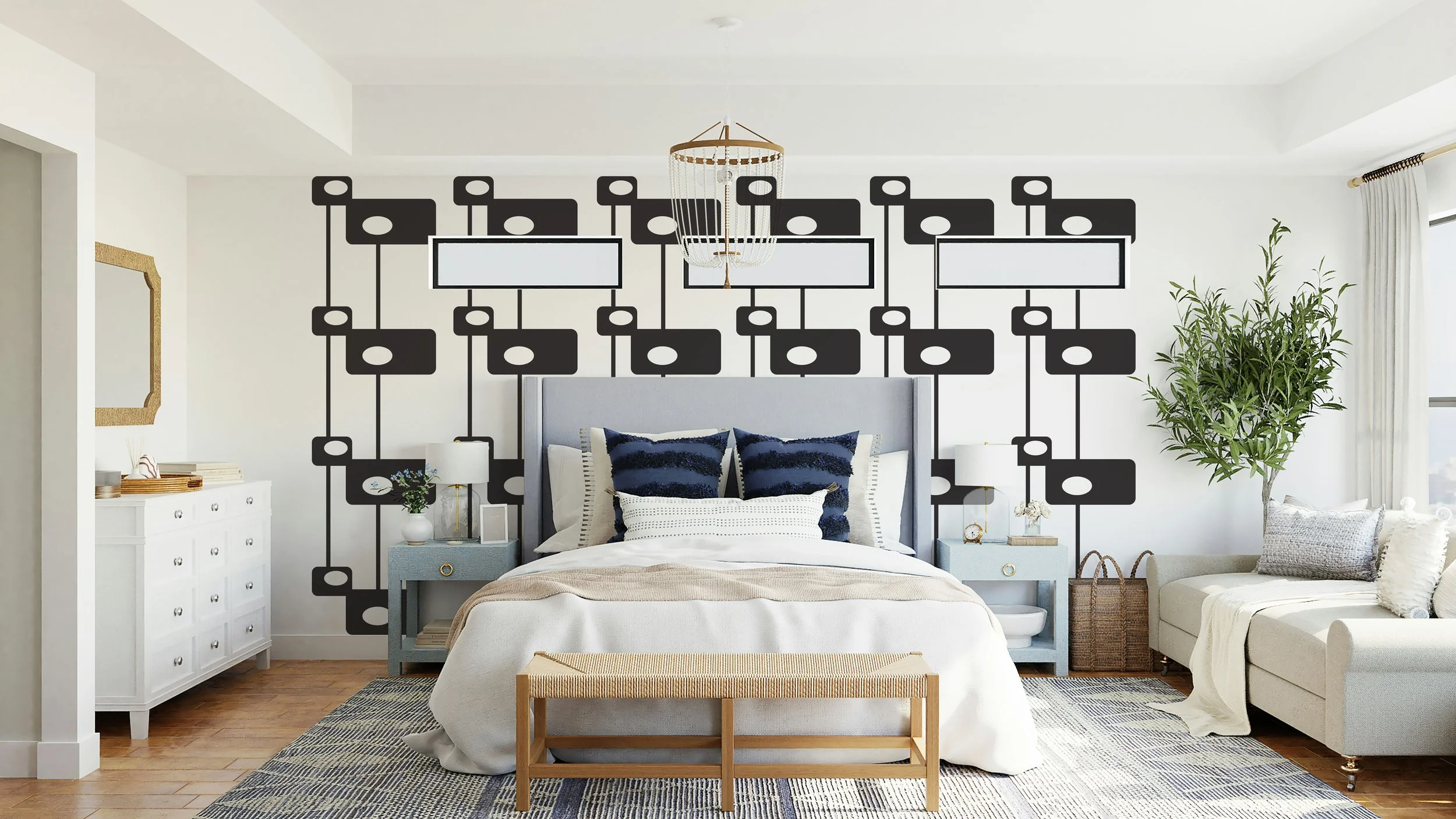 Rectangle Circle Chain wall decal in black as an accent wall in a primary bedroom