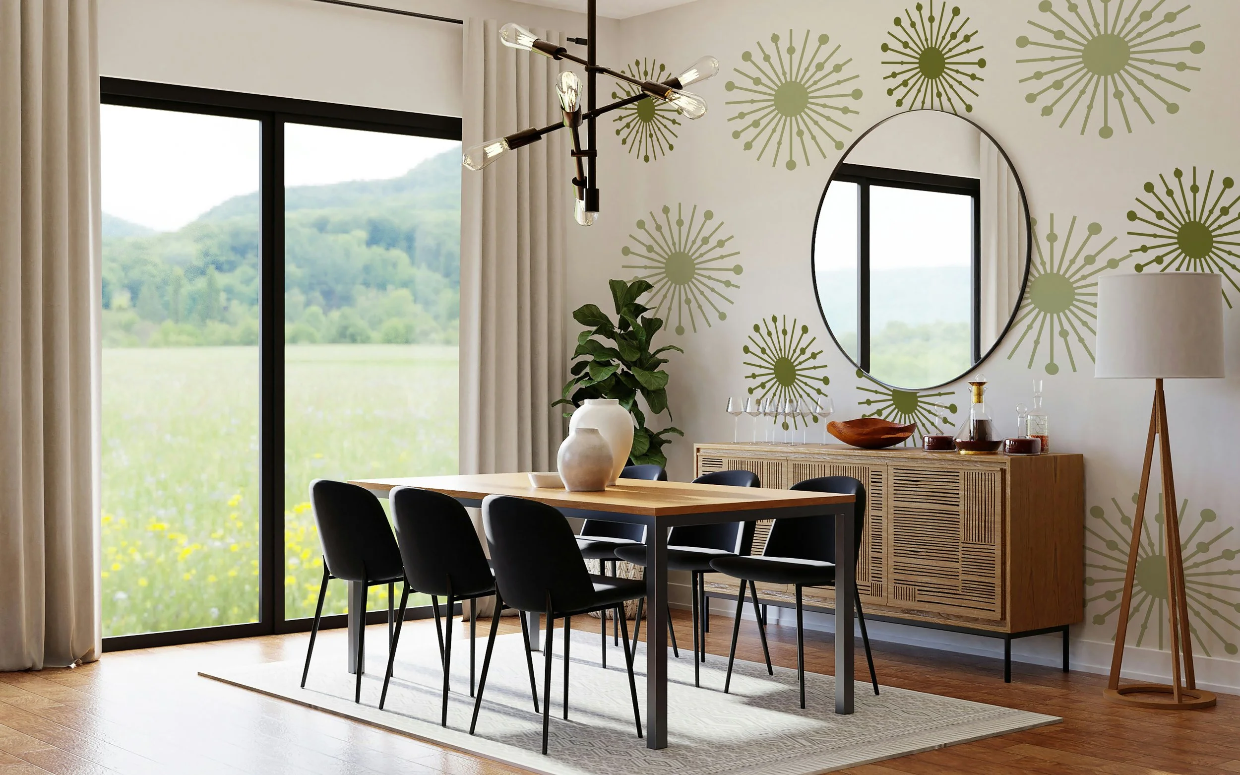 Atomic starburst wall decals shown in olive & celedon displayed on the wall of a mid century modern dining room