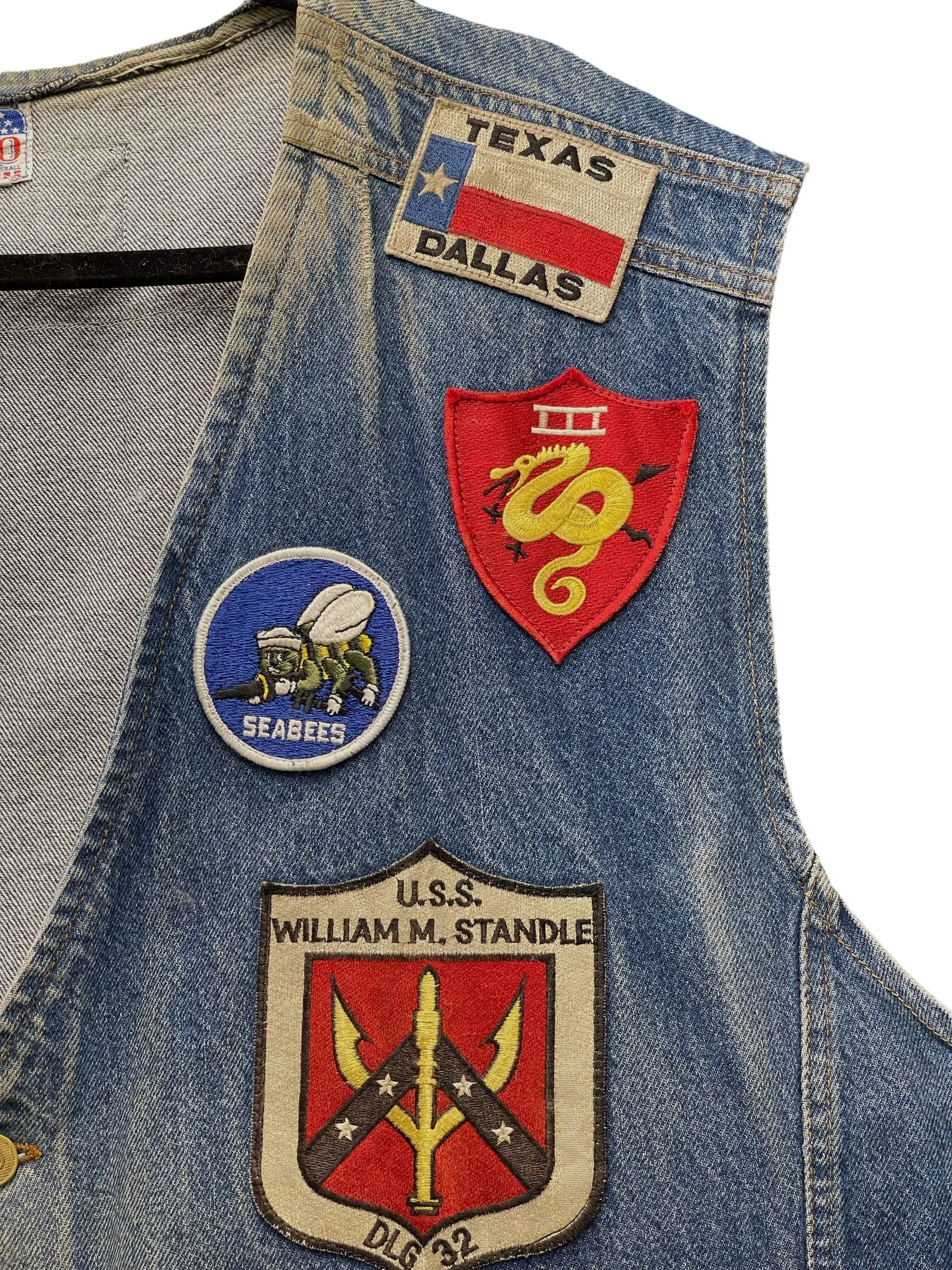Vintage mens 3XL or 4XL denim vest by SFO San Francisco Overall with vintage military patches.