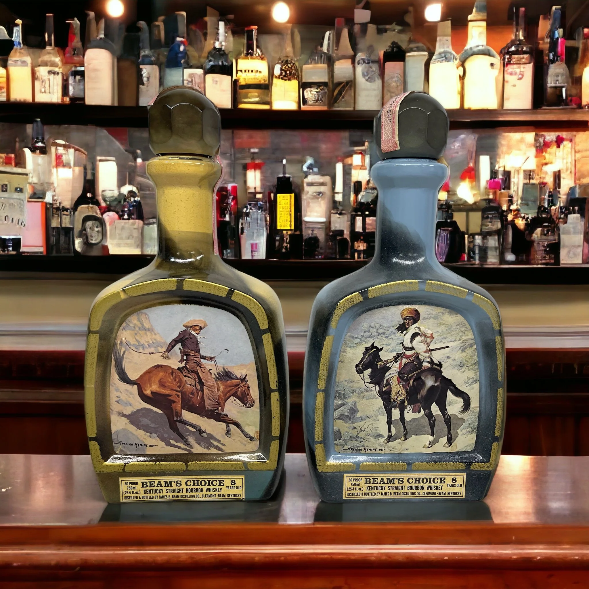 Vintage pair of glass 1970s Jim Beam Choice liquor bottles, featuring the cowboy and the Indian trapper. Perfect home bar decor.