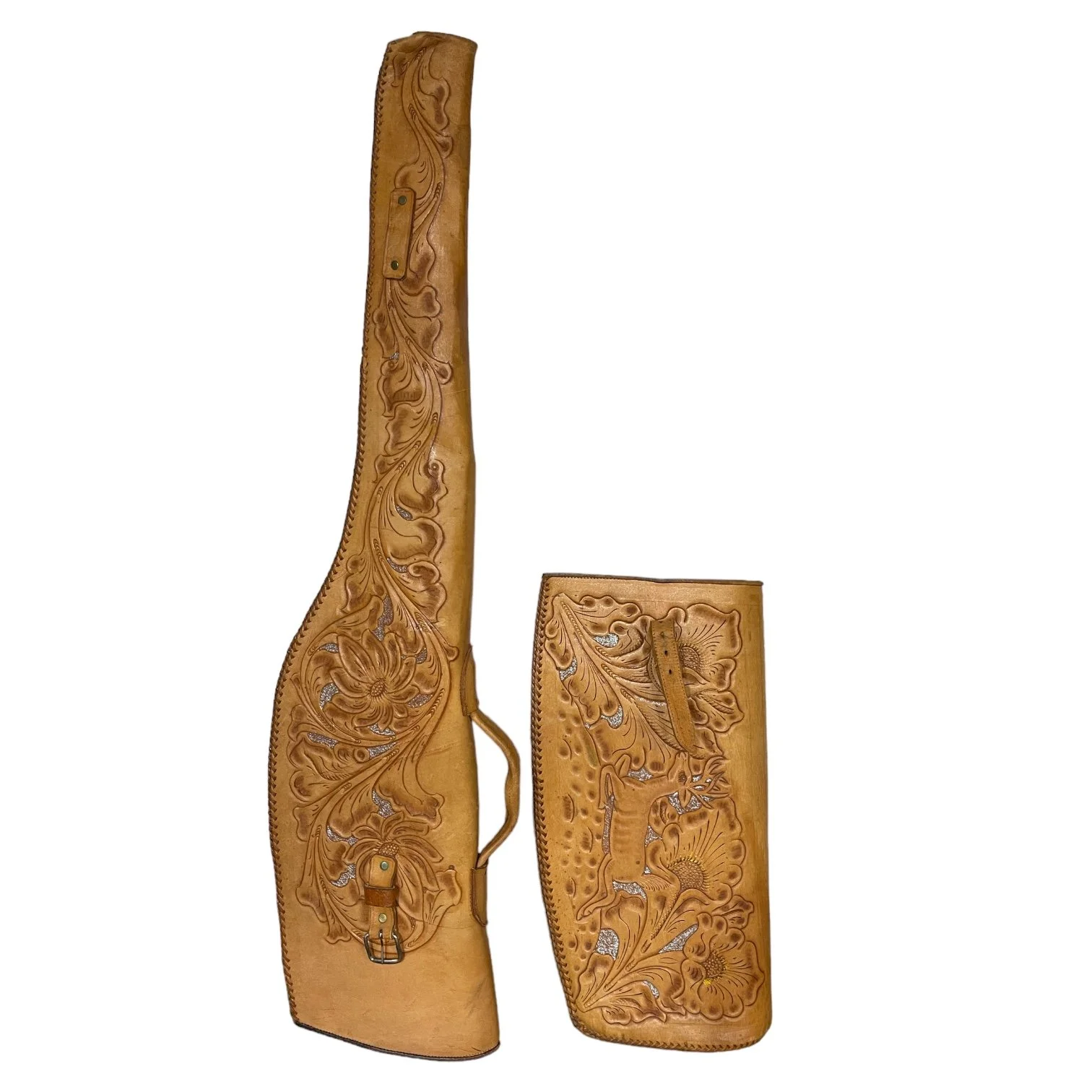 Vintage genuine leather hand tooled two piece rifle case lined in red fleece. Embossed flowers, deer on gun case.