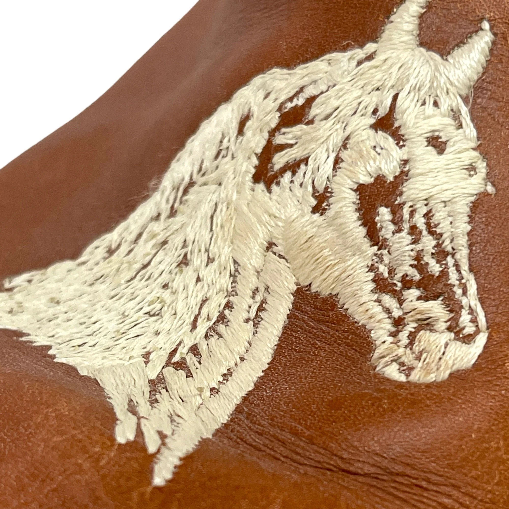 Vintage mens Rudel leather cowboy boots, made in Mexico - brown leather boots with detailed horse embroidery and geometric design on the sides, classic western style, collectible mens footwear.