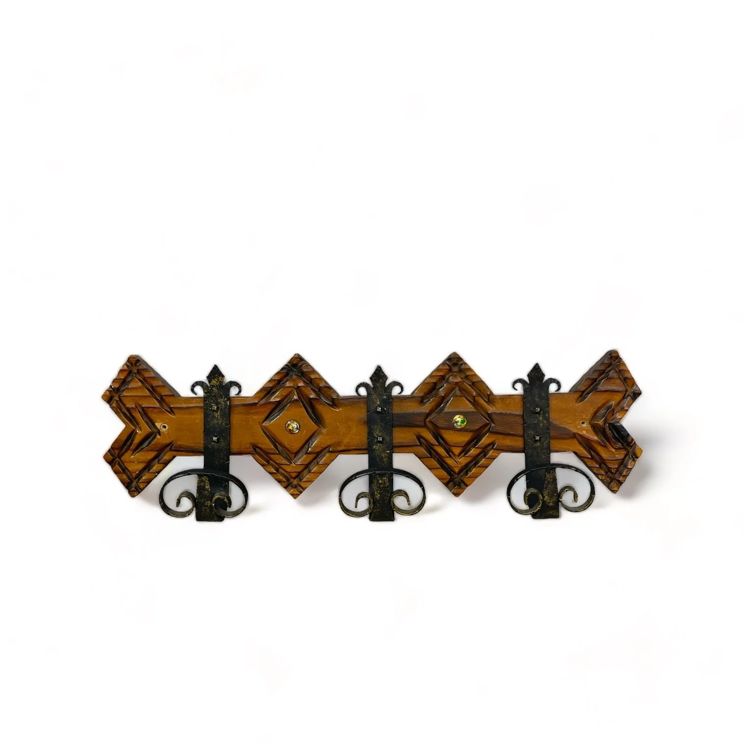 Vintage Spanish Revival style, wood and wrought iron, wall mount coat or towel rack.