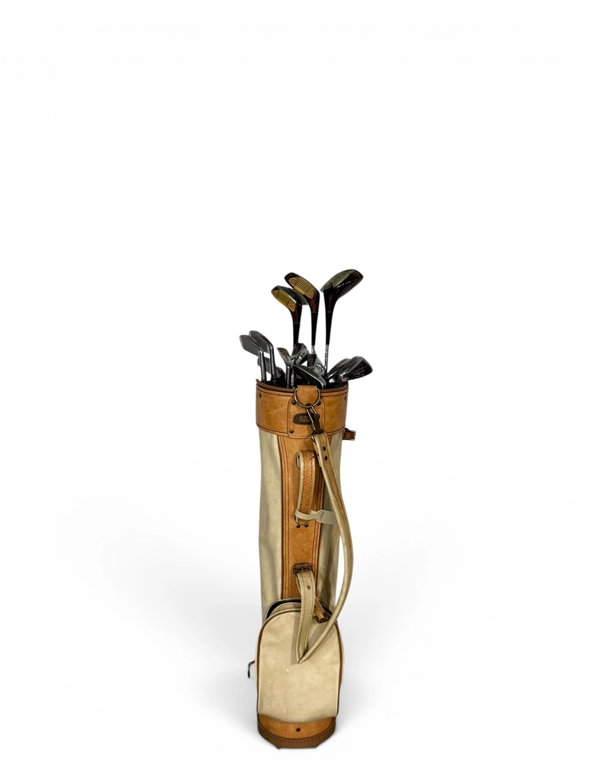vintage retro vinyl golf bag with Wilson woods and irons for ideal country club decor or interior sports display