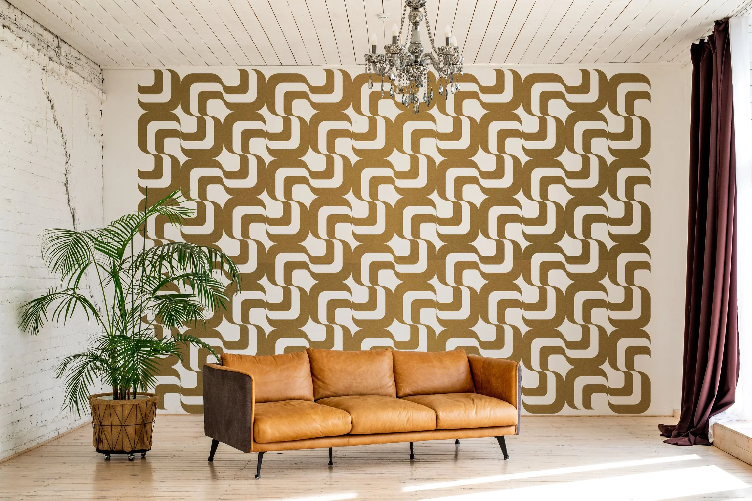 Geometric pattern wall decal in metallic gold in a Hollywood Glam living space, Wall Star Graphics.