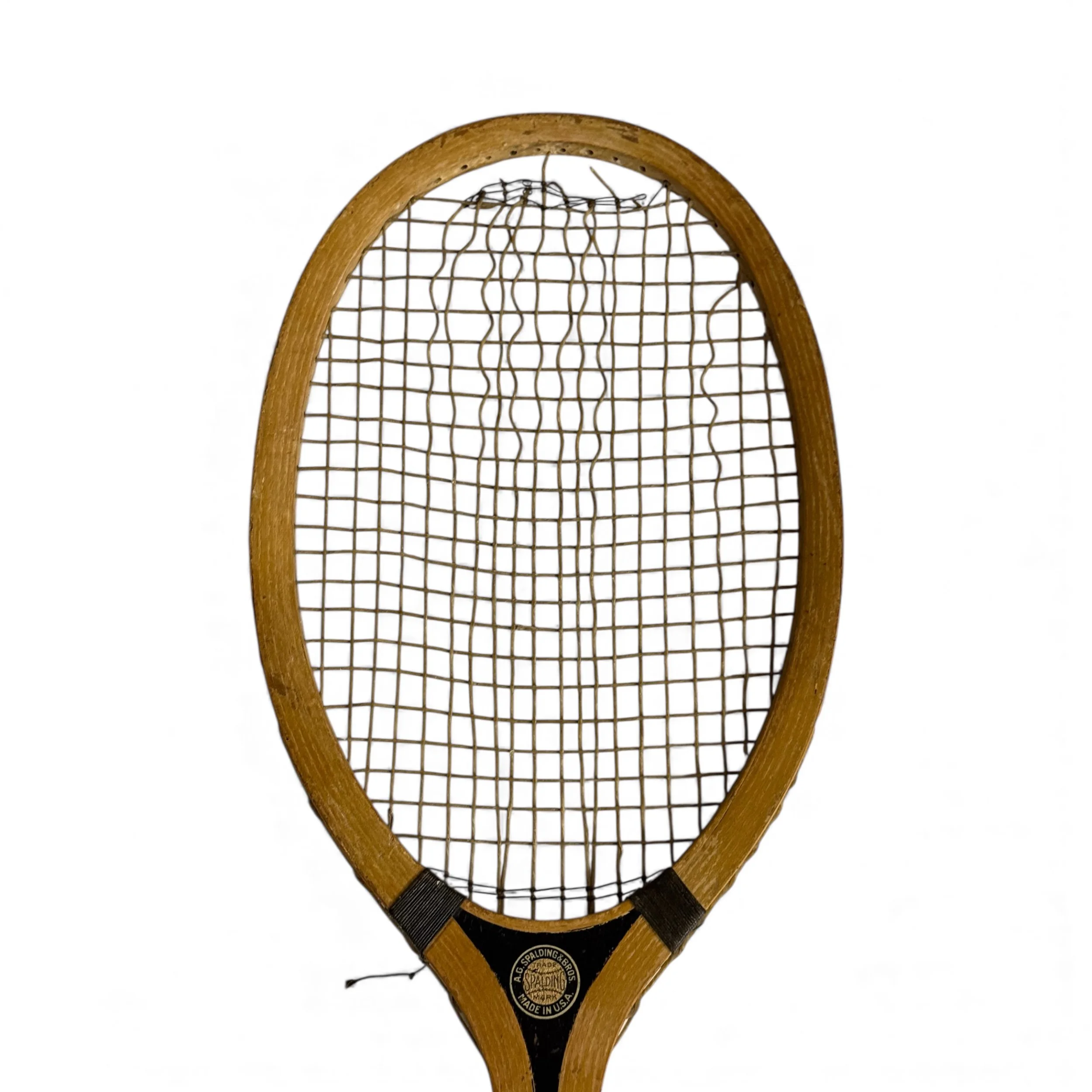 close up view of head on AG Spalding & Bros wooden tennis racket circa 1930s
