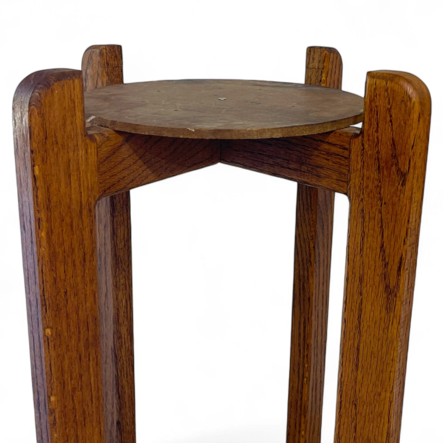 Vintage 1970s solid oak floor plant stand with round rotating top.