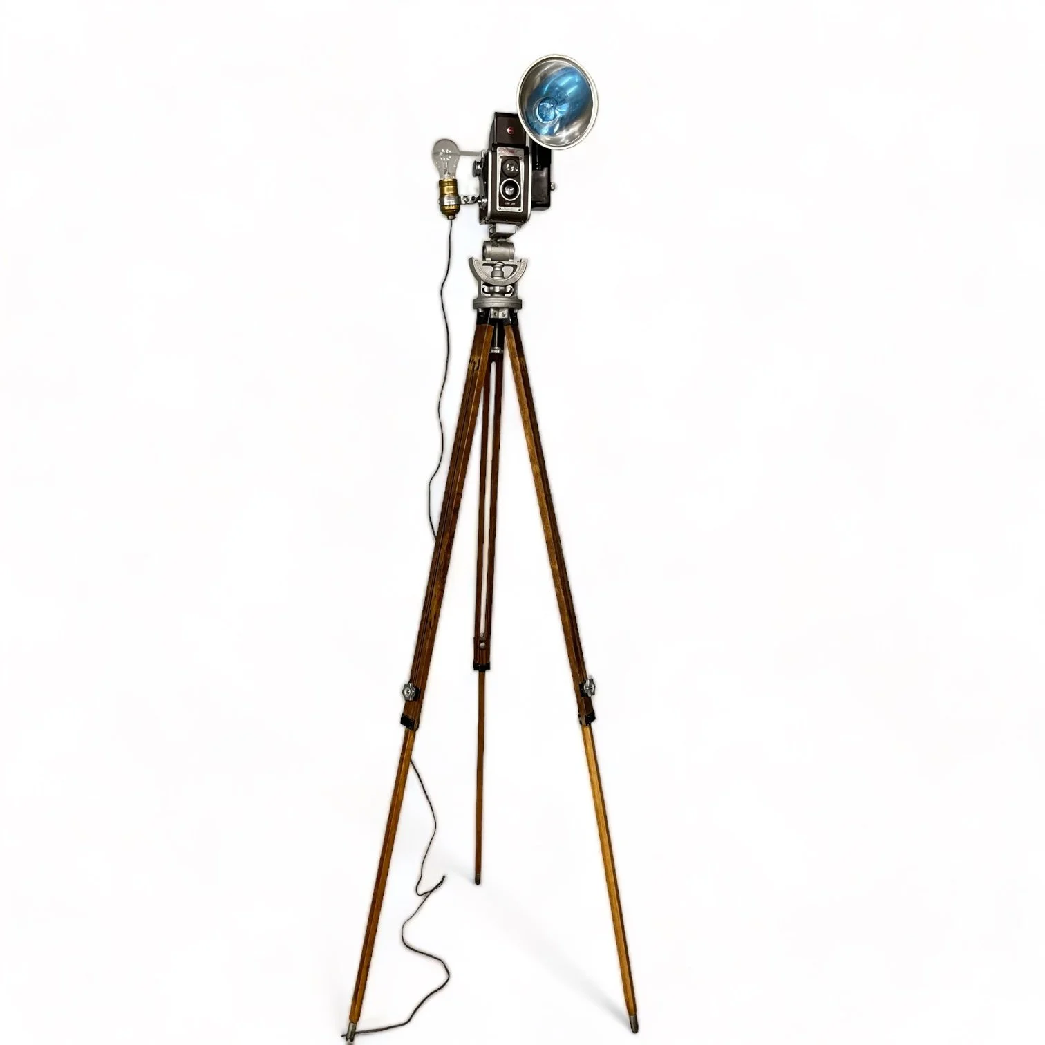 Vintage Kodak Duaflex IV Camera and Uni Colt Richards Engineering Wooden Tripod Floor Lamp