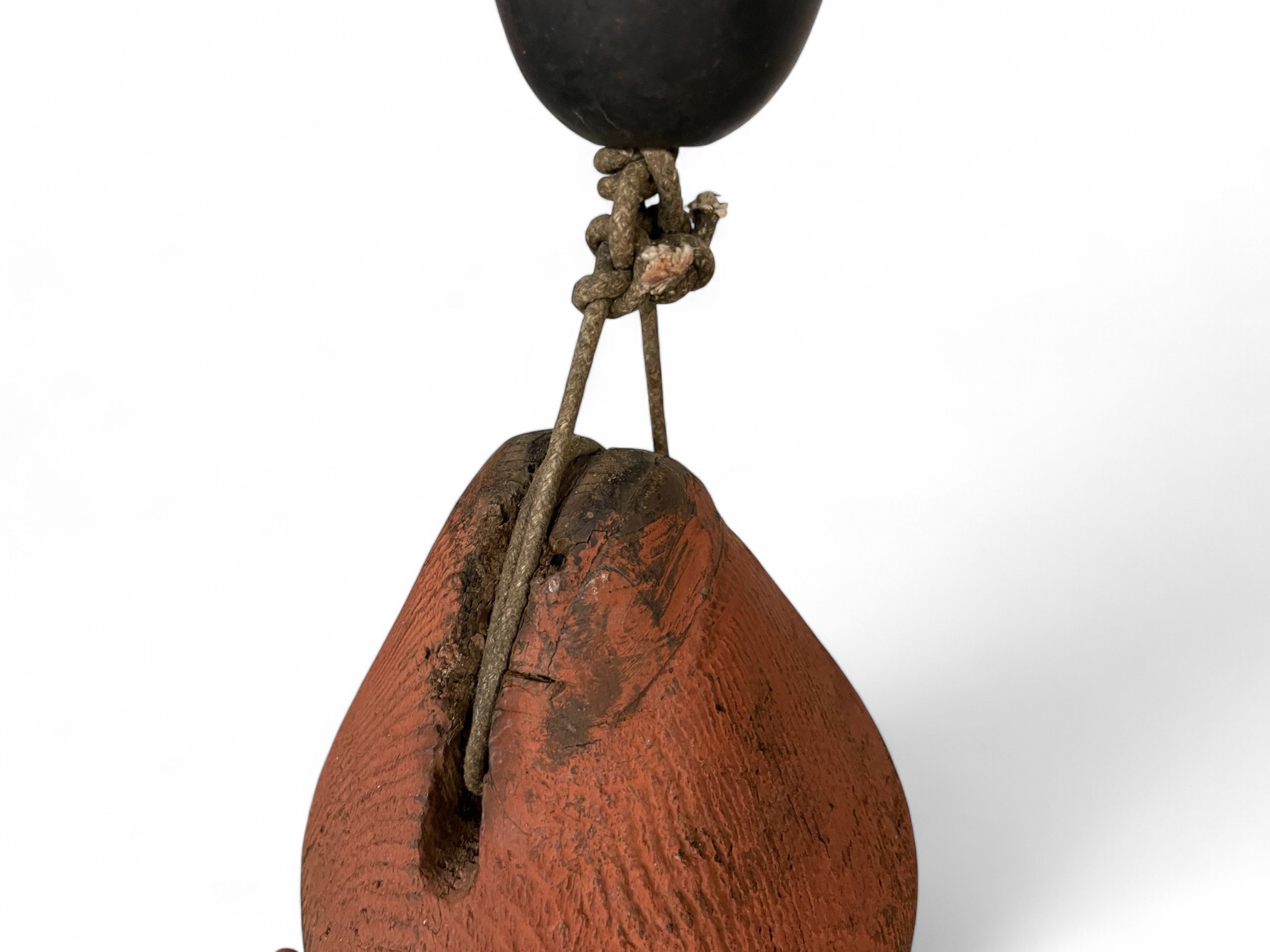 Vintage wooden lobster buoy with floats, chippy red, orange, black paint, 67 inches