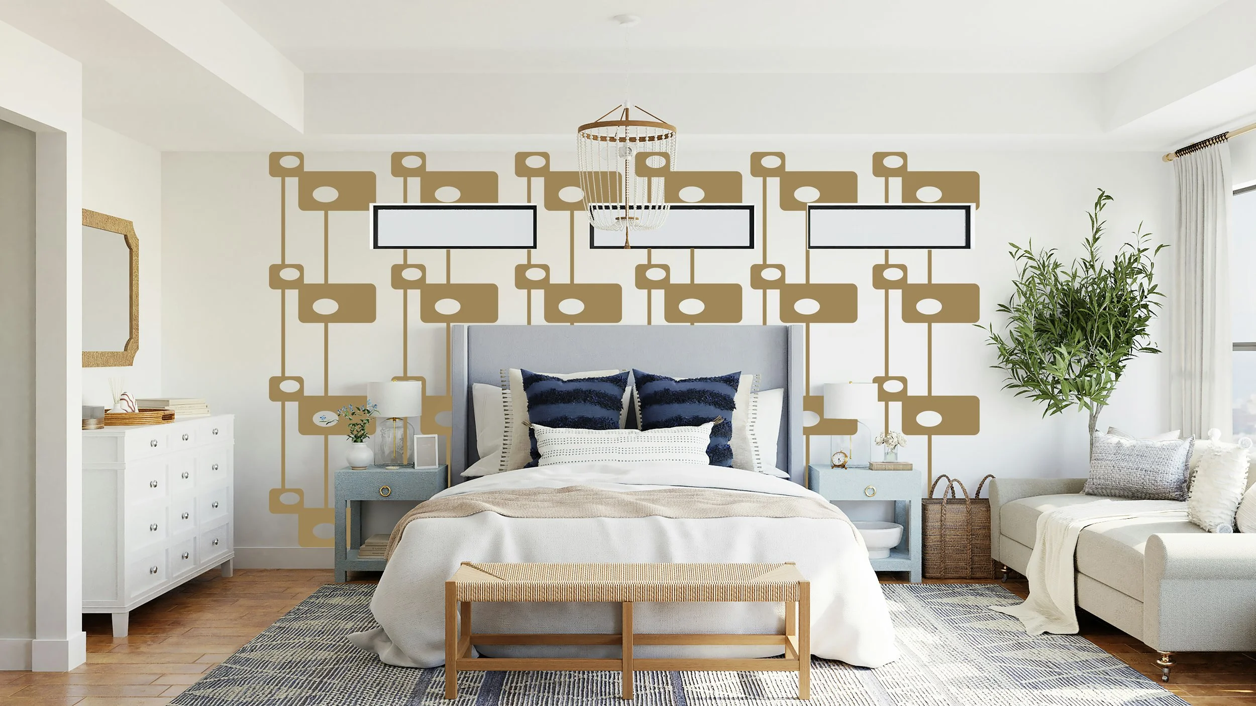 Rectangle Circle Chain wall decal in metallic gold as an accent wall in a primary bedroom