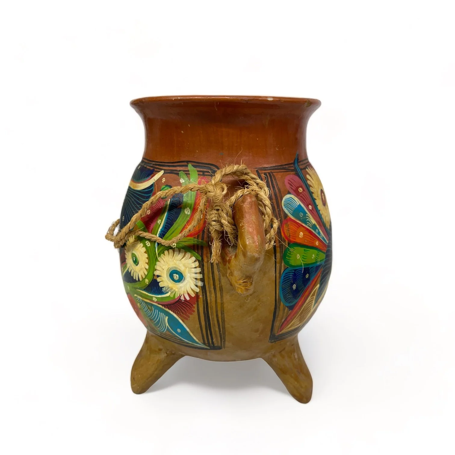 Vintage Mexican terracotta hanging pot hand painted with colorful birds and flowers. Folk art pottery from Acapulco.