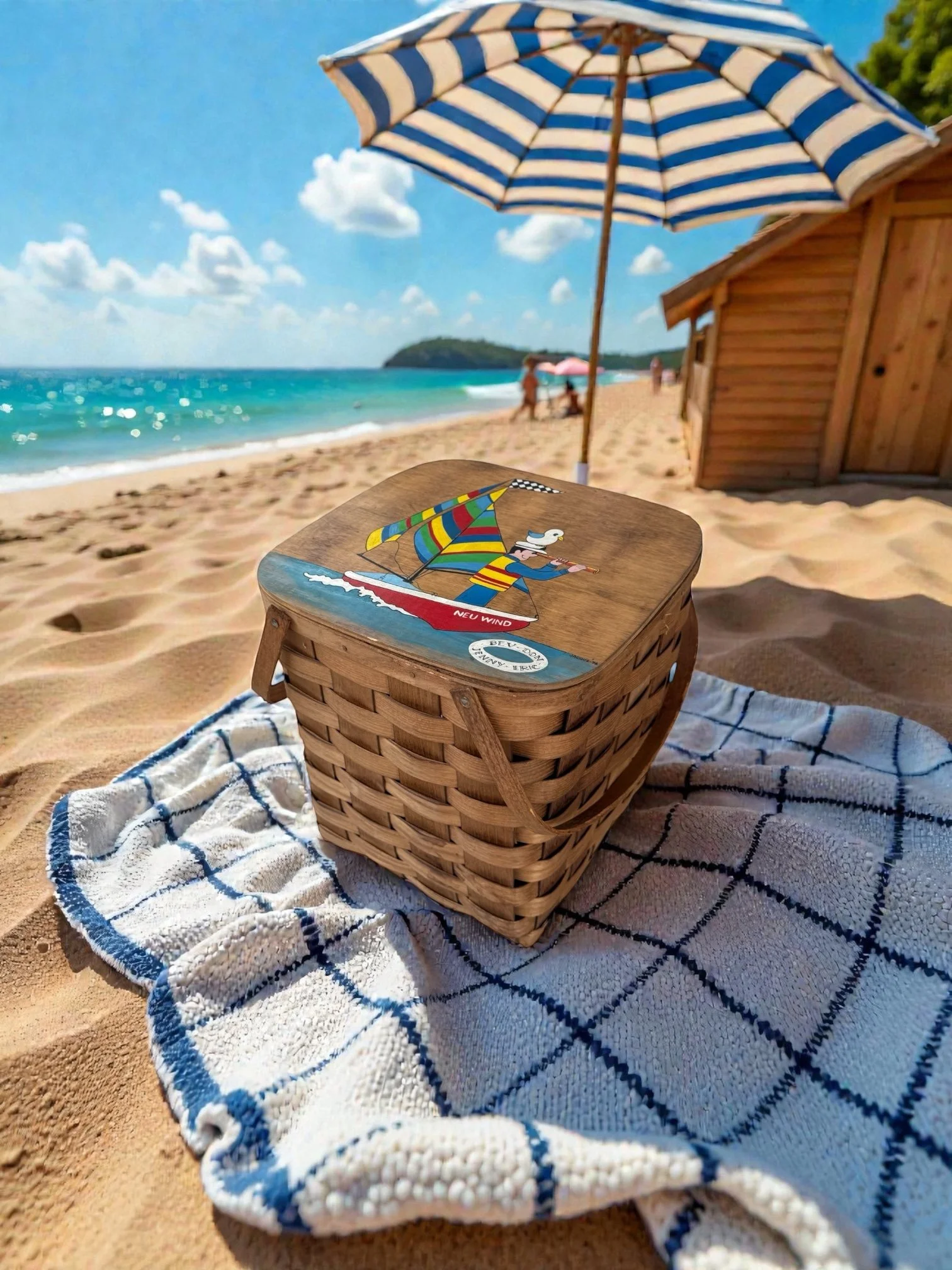 vintage picnic basket styled on a beach towel on the beach with a view of a colorful striped umbrella, the ocean, and a rustic hut.