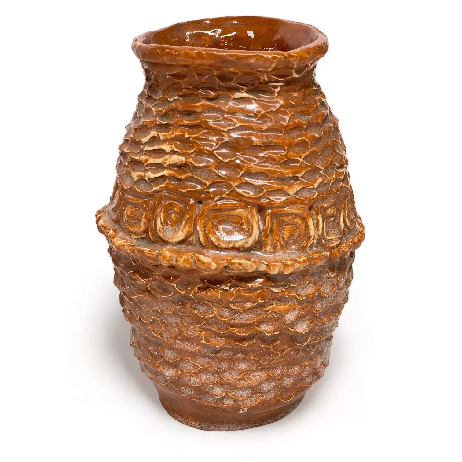 Vintage glazed studio pottery vase, geometric southwestern design, earth tone color, 1970s signed and dated by artist, unique design